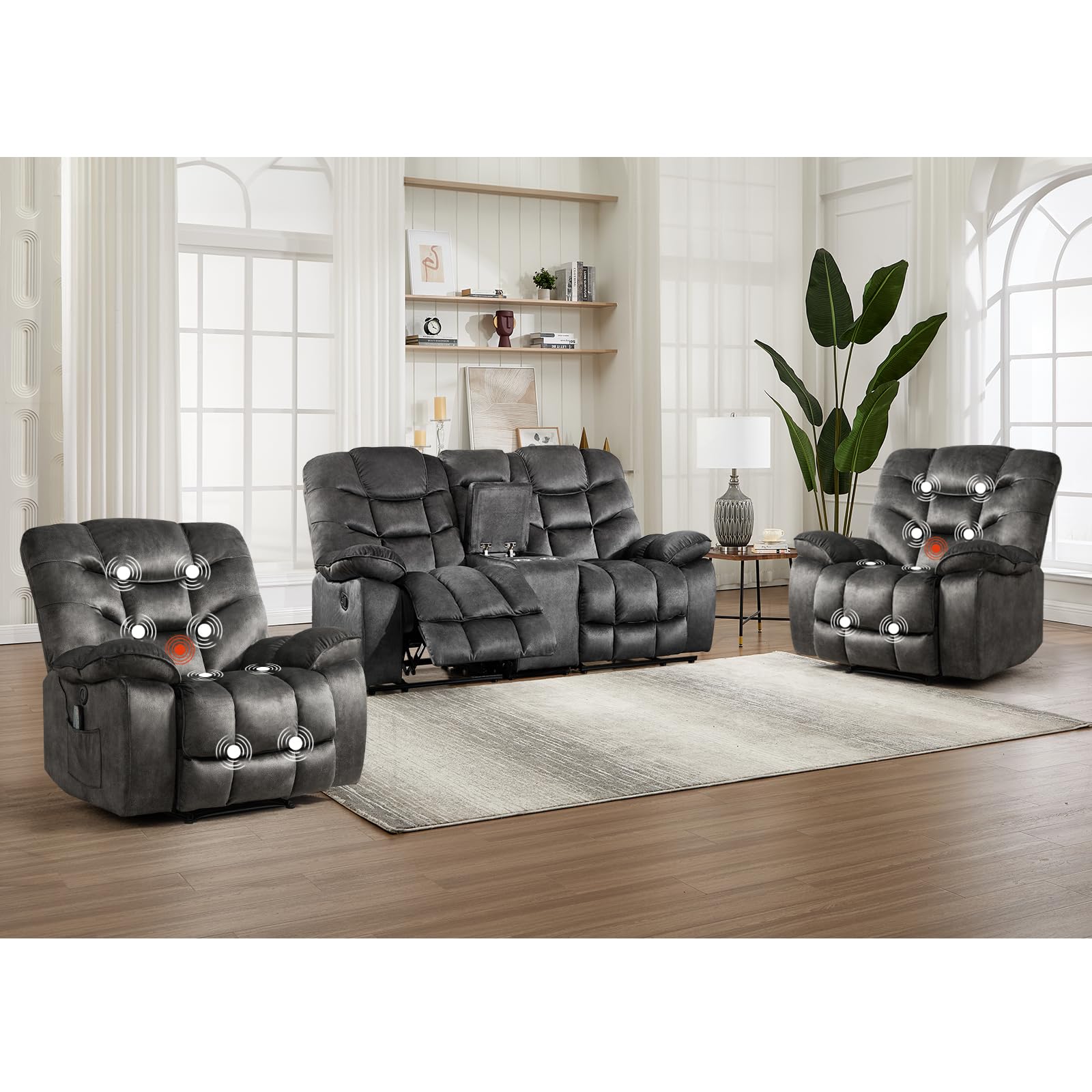 HAOMARKETS 3 Pieces Recliner Sofa Furniture Set, Include 2 Power Recliner Chairs with Message&amp;Heat and a Manual Loveseat with Hidden Storage and Cup Holders for Living Room, Grey