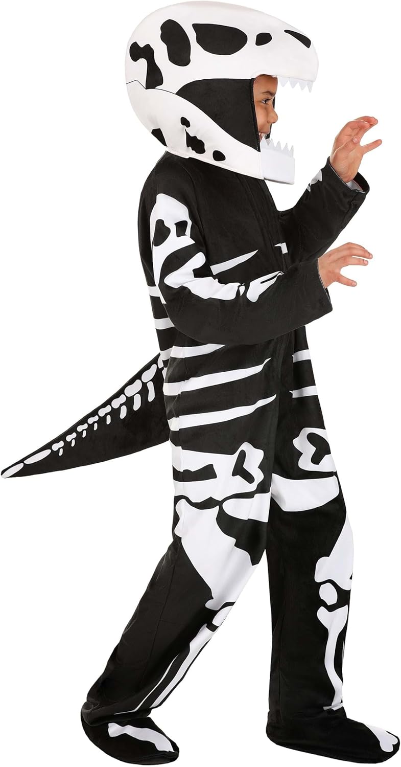 Fun Costumes Kid's Tyrannosaurus Skeleton Costume | Prehistoric Dinosaur Jumpsuit with Tail and Skull Headpiece