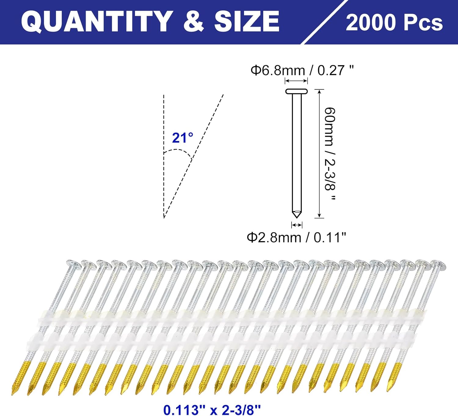 uxcell 2000Pcs 21 Degree 0.113" x 2-3/8" Framing Nails, Galvanized Carbon Steel Plastic Collated Nails for Furniture/Constructions, Color Zinc