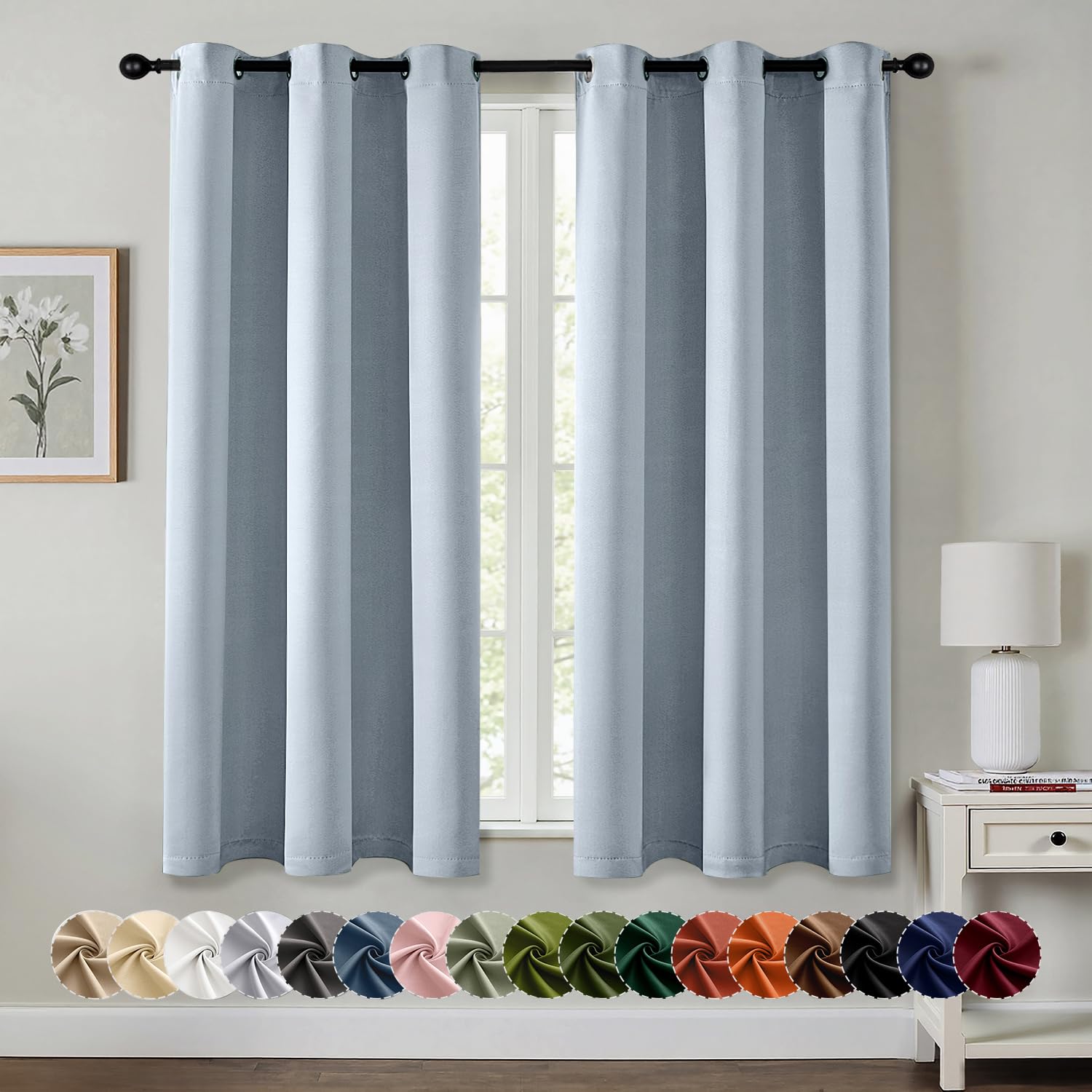 MIULEE Light Blue Blackout Curtains for Bedroom Living Room 63 Inches Long 2 Panels, Thermal Insulated Room Darkening Drapes Solid Grommet Noise Reduction Light Blocking Window Treatments 40x63 Inch