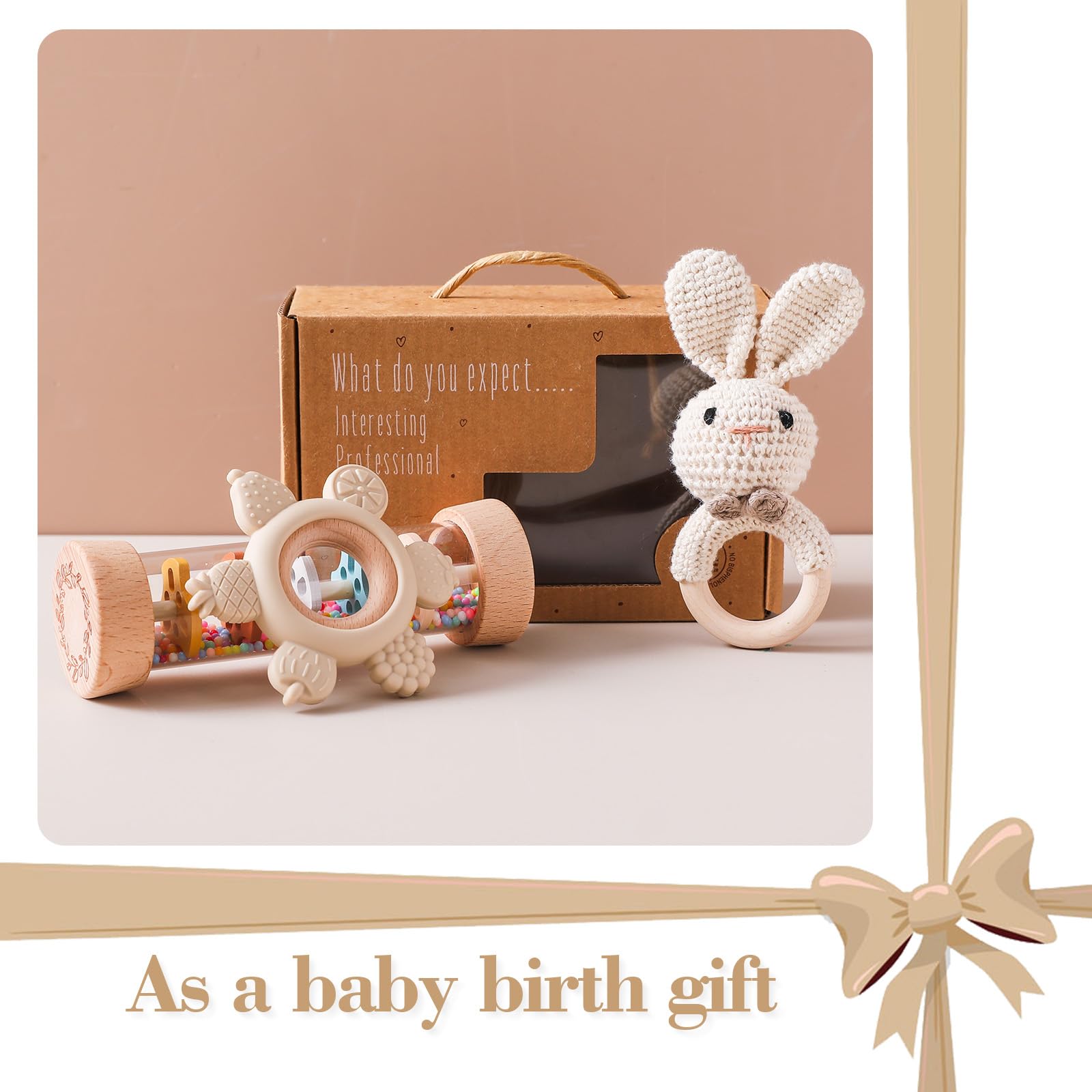 Hochets Bébé 0-3-6-9 Mois - 3 Pièces Set Hochets et Anneau de Dentition avec Hochet en Crocheté et Jouet en Bois, Jouet Montessori 0-12 Mois Cadeau Nouveau-Né (Beige + tube sonore de pluie)