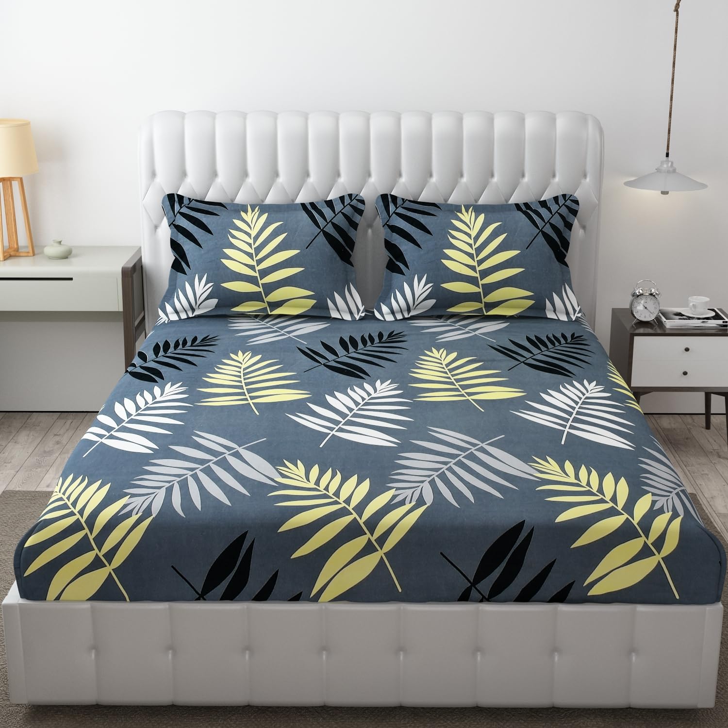 FRESH FROM LOOM King Size Bed with Two Pillow Cover | Soft Glace Cotton Fitted Bedsheet | Elastic Fitted Bed Sheets | Bed Covers for Mattresses Tuck in (Size - 72 x 78 Inches | Leaf Grey)-image-32