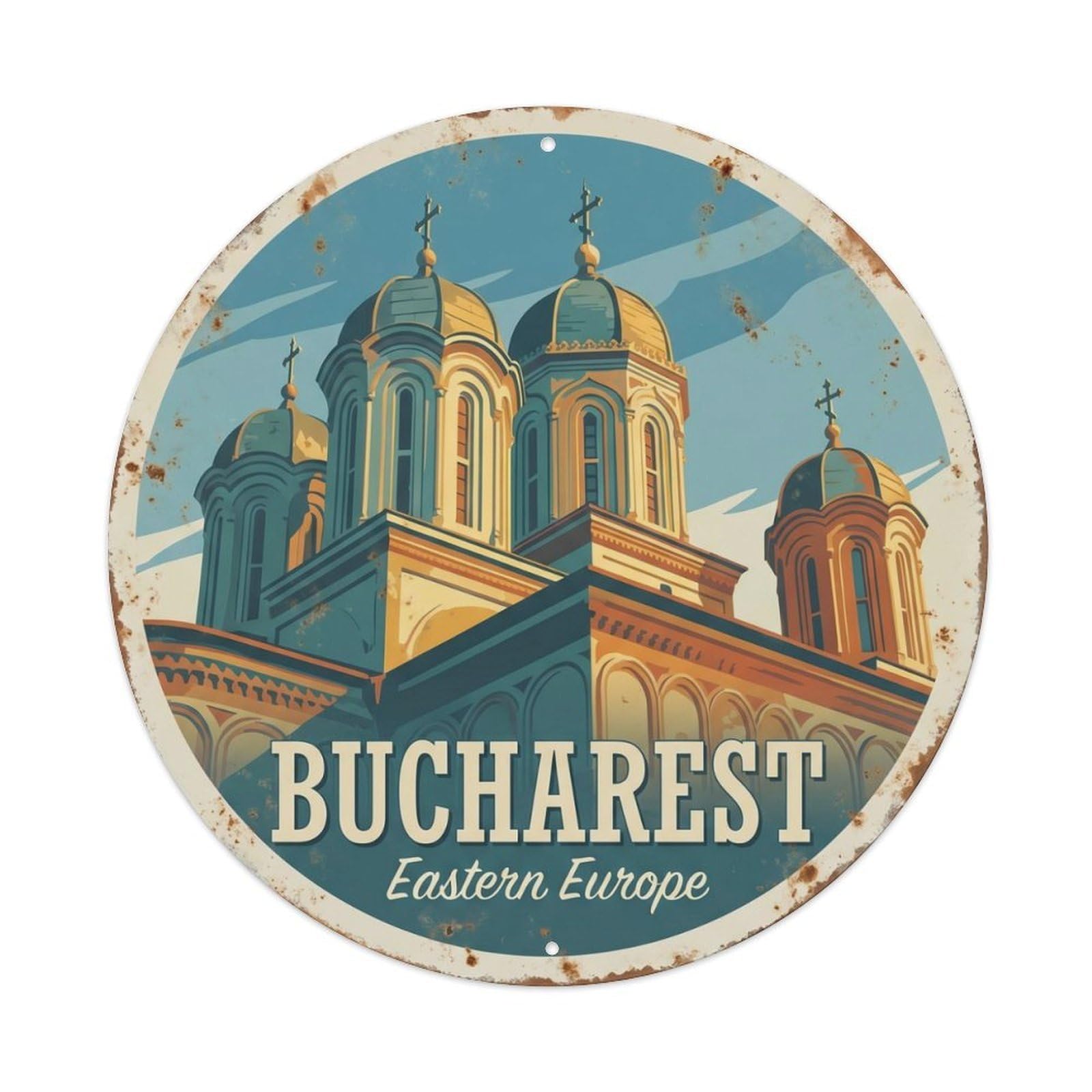 Fqcyn Style Vintage Travel Bucharest Cathedral Eastern Metal Tin Sign
