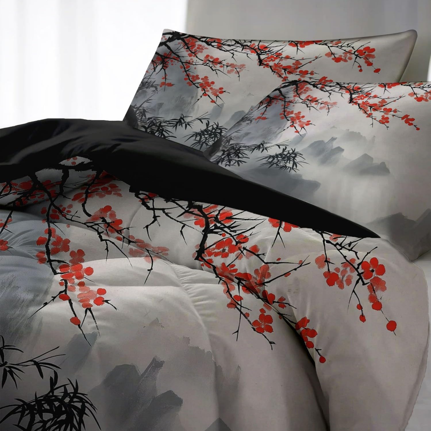 Juego De Cama Japonés De Microfibra, 240x260 Cm + 2 Fundas De Almohada - Estampado Oriental Reversible Y Suave