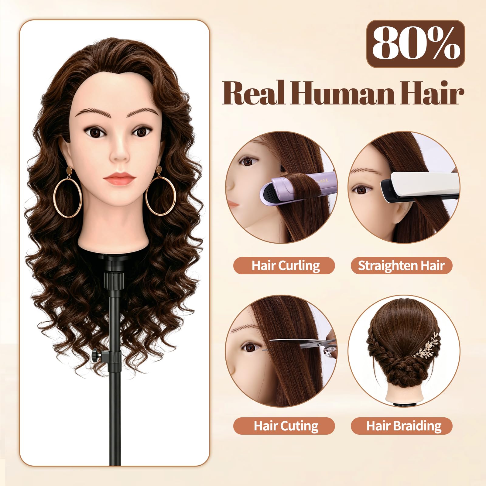Yofuly 24Zoll 61cm Frisierkopf mit Ohrlöchern 80% Echthaar Übungskopf Friseur Mannequin Kopf mit Tischklemme DIY-Zopfset Braun