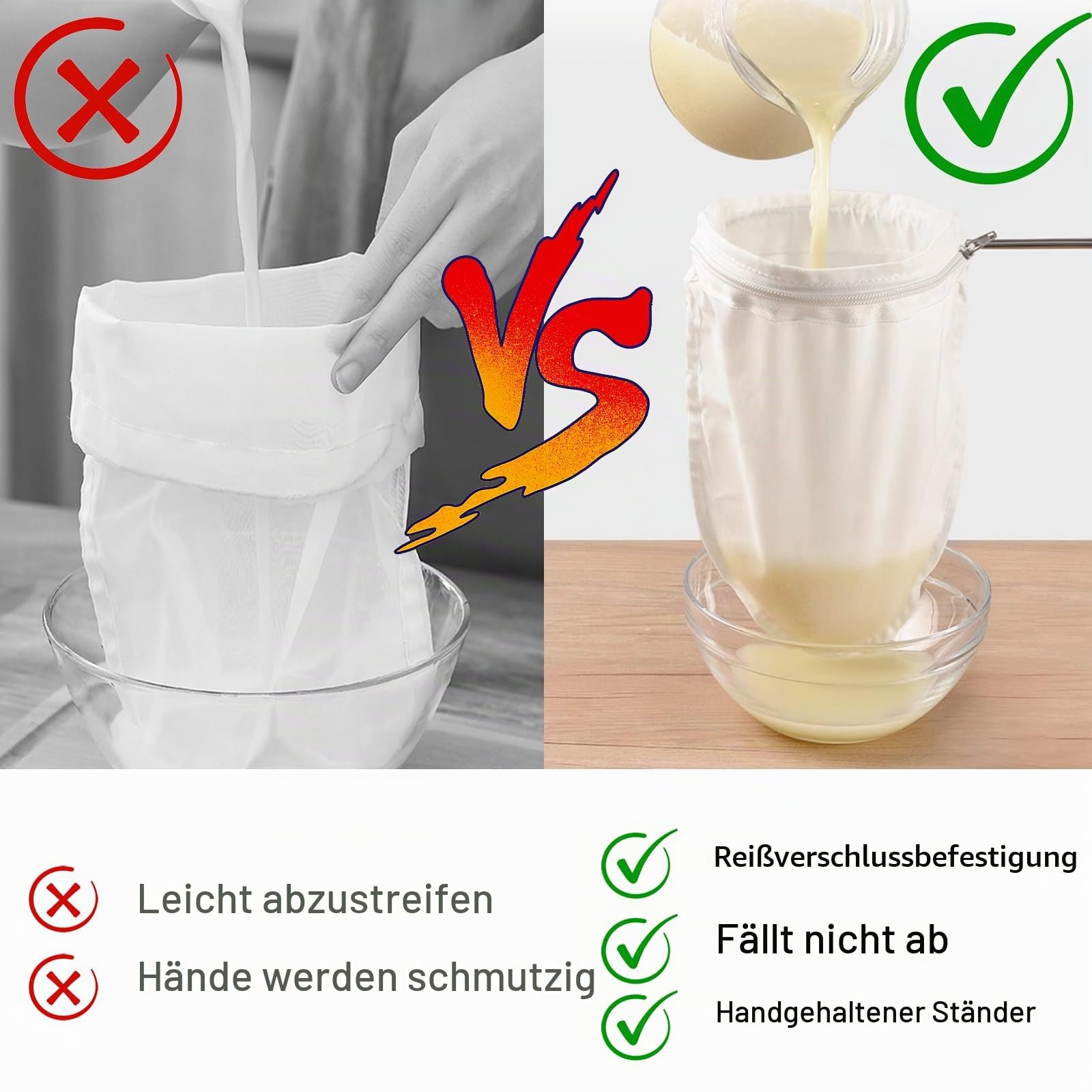 Nussmilchbeutel mit Ständer, Wiederverwendbar passiertuch, 1 Halter, 2 Baumwolle Siebbeutel, 1 Nylonfilterbeutel mit hoher Dichte, Zum Filtern von veganer Nussmilch, Gemüsesäften und Säften