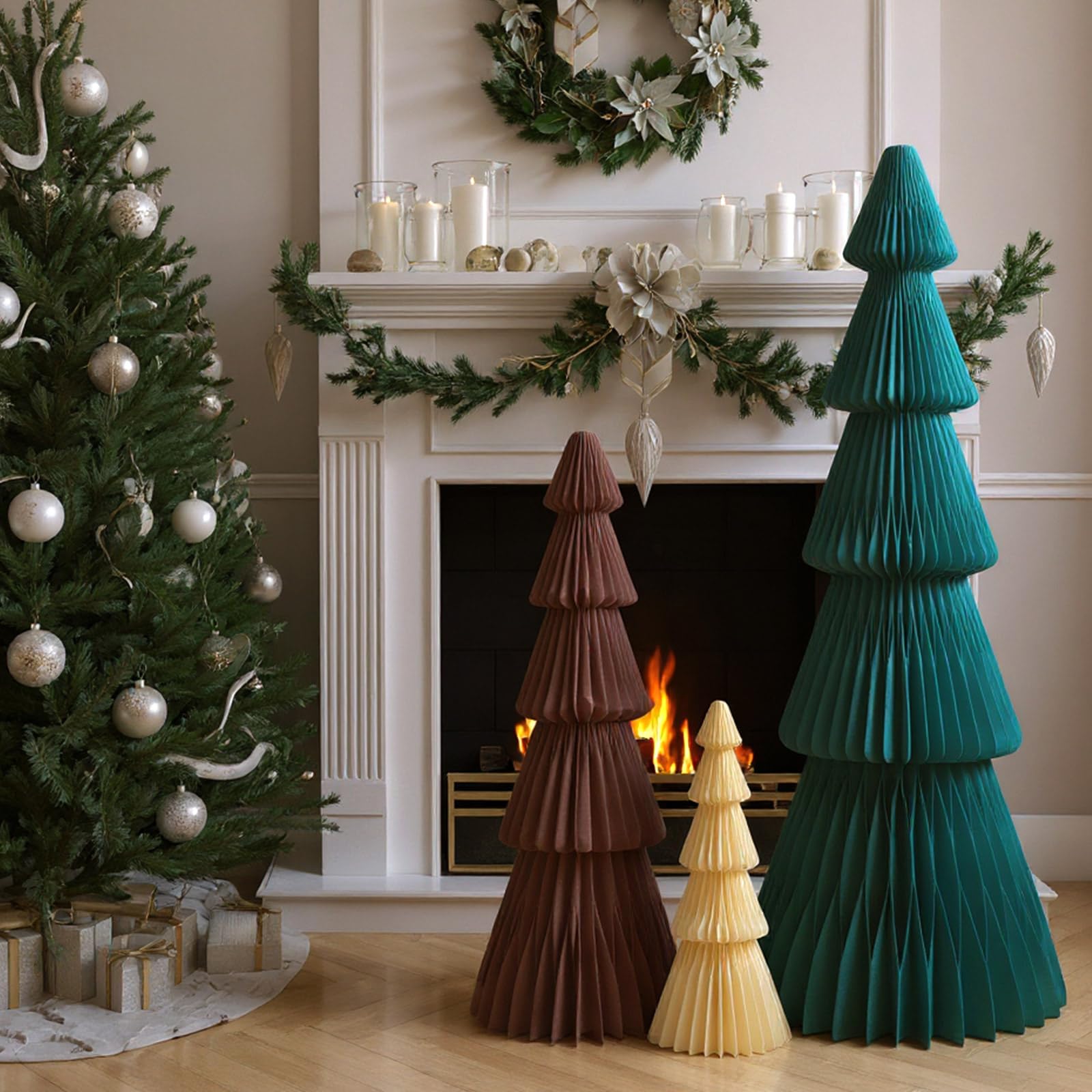 Fullhawl Árbol de Papel de Navidad Grande de 3 pies, 2 pies y 1 pie, árboles de Navidad de Panal, árbol de Navidad 3D, árbol Plegable con imán para decoración de Navidad, Fiesta