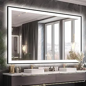 60x40 LED Mirror for Bathroom - Matte Black Framed (Front and Backlit), Anti-Fog Vanity Mirror with Lights,Stepless Dimmable Lit Mirror,3 Colors Smart(Horizontal/Vertical)