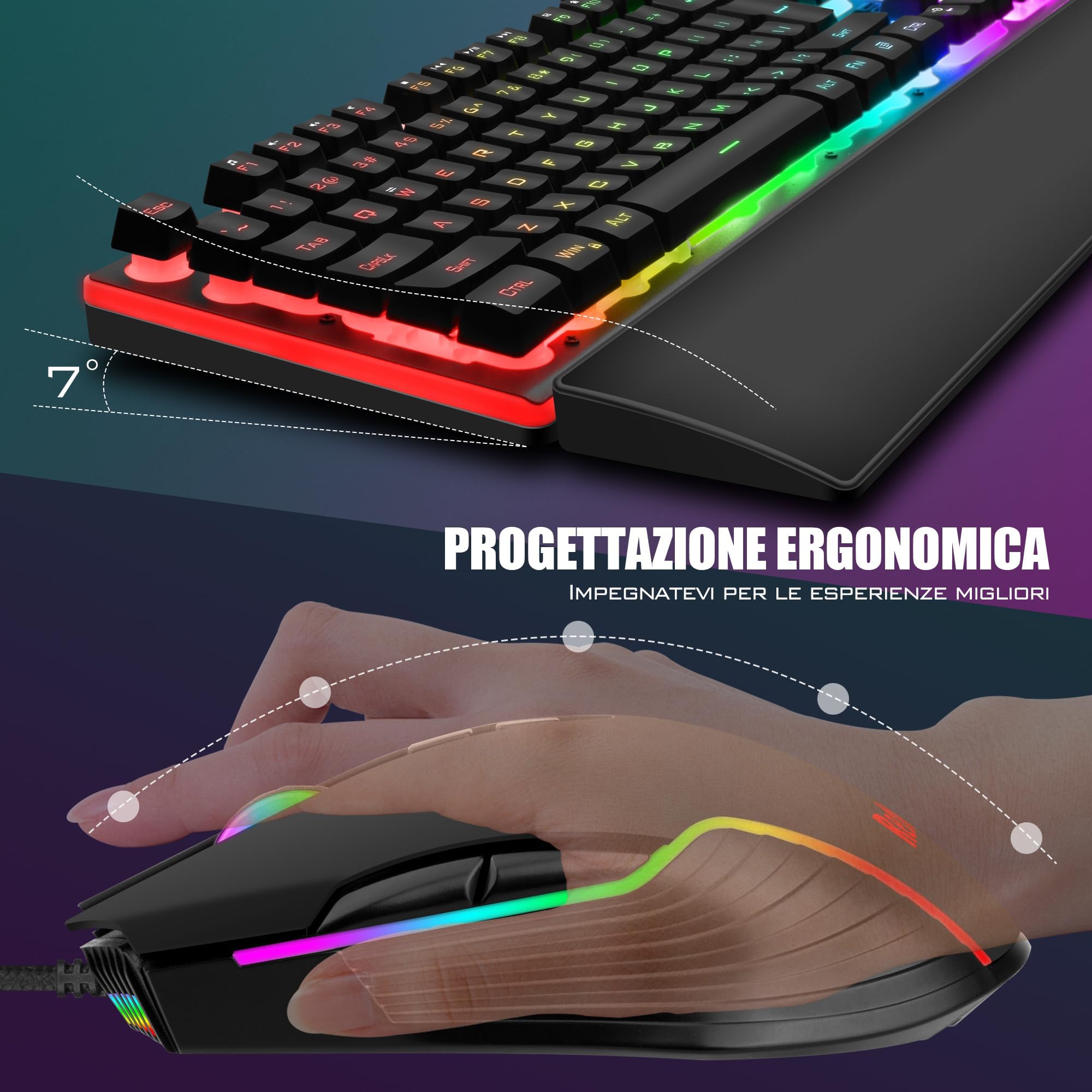 RedThunder K10 Set di Poggiapolsi in Pelle 3-in-1, Retroilluminazione Dinamica RGB + Sensazione Meccanica, Tasti Anti Ghosting + Mouse 7D 7200DPI, Layout IT,Giocatori PC - Nero