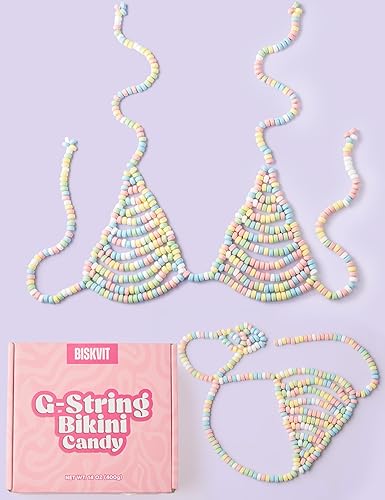 Miniatura 5 de Conjunto de bikini comestible Candy G-String - Ropa interior comestible divertida y sexy para mujer. Bragas y brasier de caramelo de colores