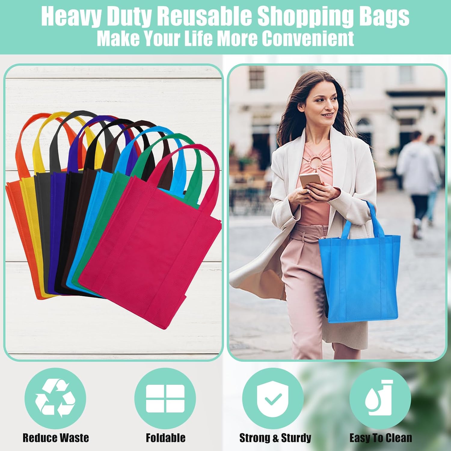 10 Pack Reusable Grocery Bags Heavy Duty,Large Foldable Shopping Bags With Reinforced Handle,Non Woven Reusable Tote Bags with Thick Plastic Bottom can hold 45 lbs,9.4x12.4x15in,Multicolor