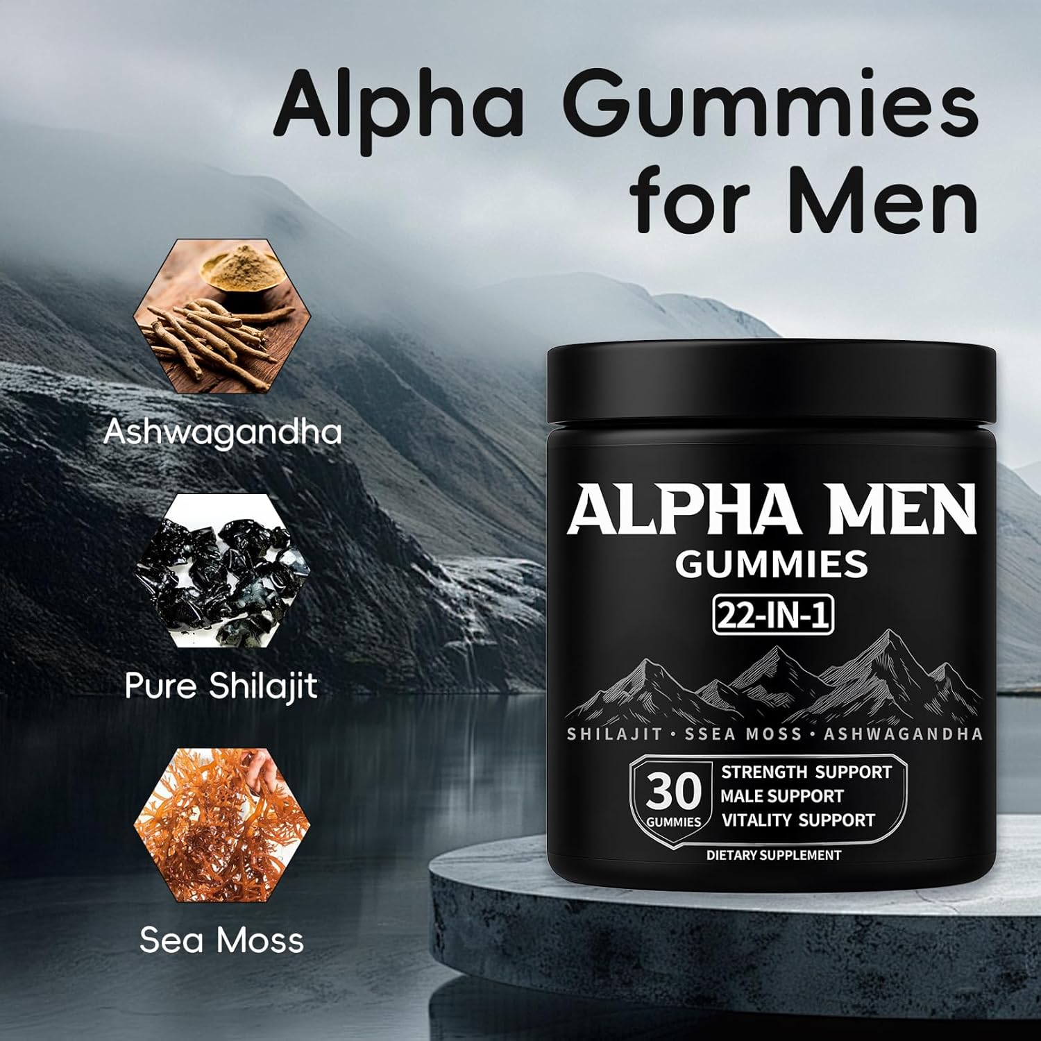 Alpha Gummies for Men, with Shilajit, Sea Moss, Ashwagandha, Manuka Honey + 22 in 1 Ingredients, All Natural Support Overall Health & Wellness, Advanced Formula, 30 Gummies (1)