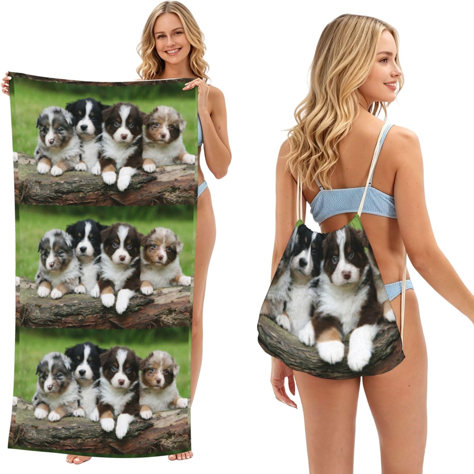 Poadnly As Picture Australian Shepherd Small Puppies, 2 In 1 Packable Towel Bag, Beach Towels With Drawstring Backpack For Travel Holiday Camping