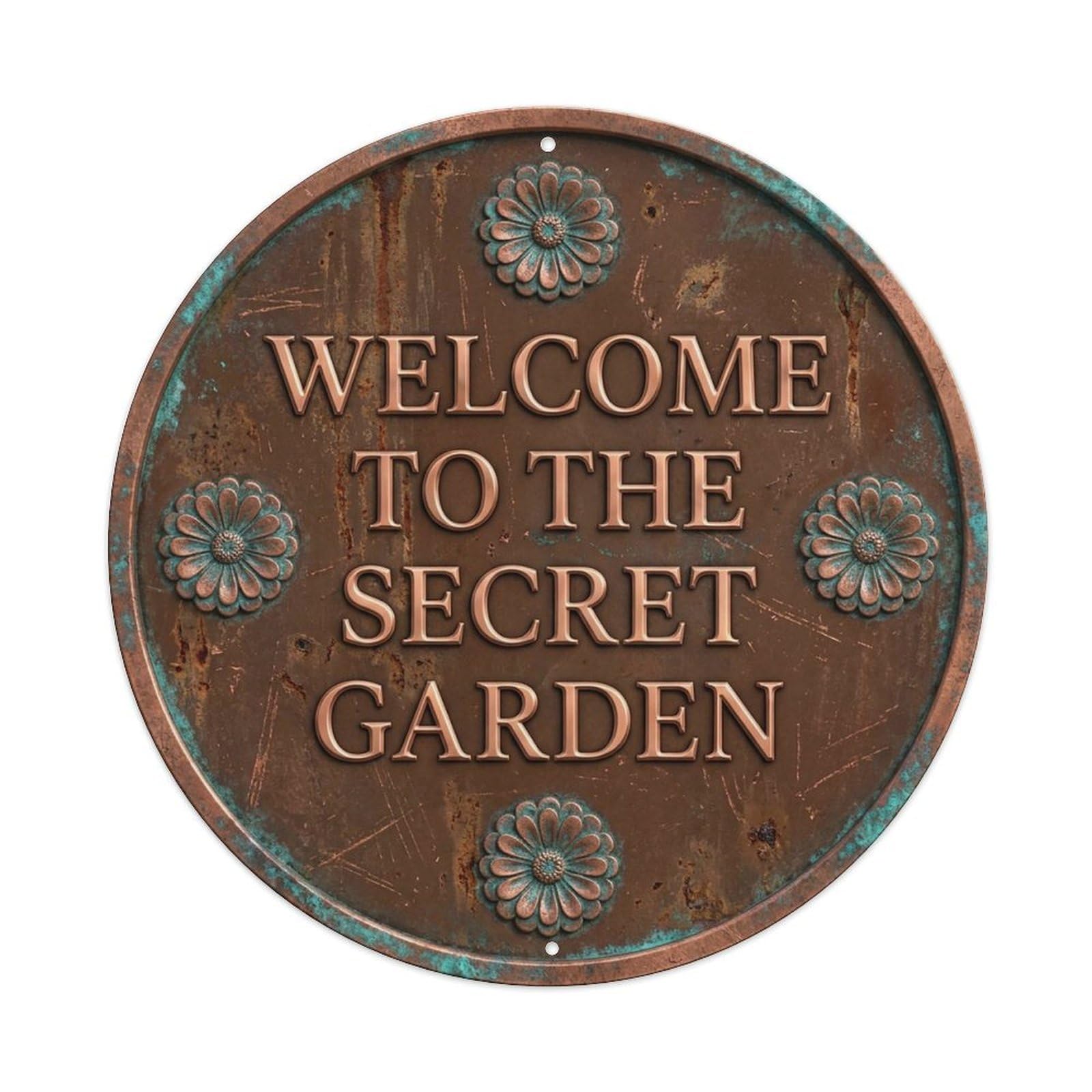 Vintage Welcome Secret Garden Copper Chestnut Zinnia Metal Tin Sign