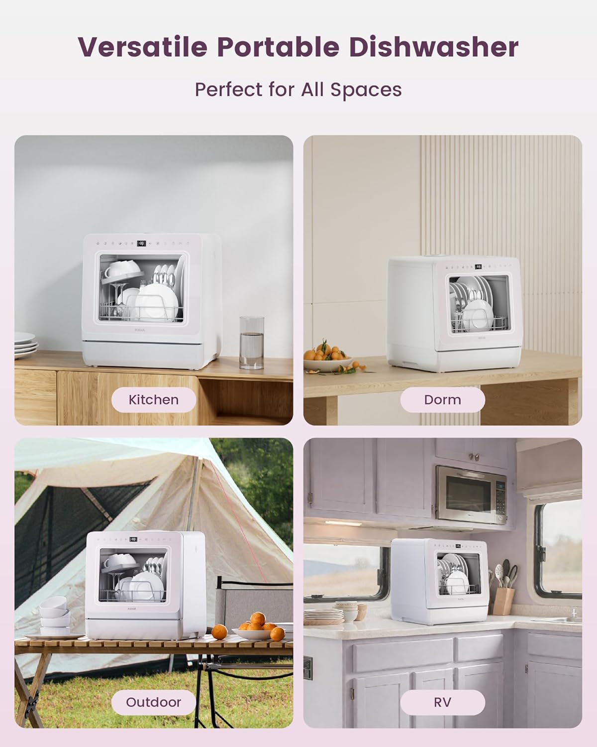 HAVA Countertop Dishwasher with Water Softener and Enhanced Energy Efficiency, Portable Dishwasher with 8 Wash Programs, Child Lock & Delayed Start Function, No Installation Needed - Misty Lilac