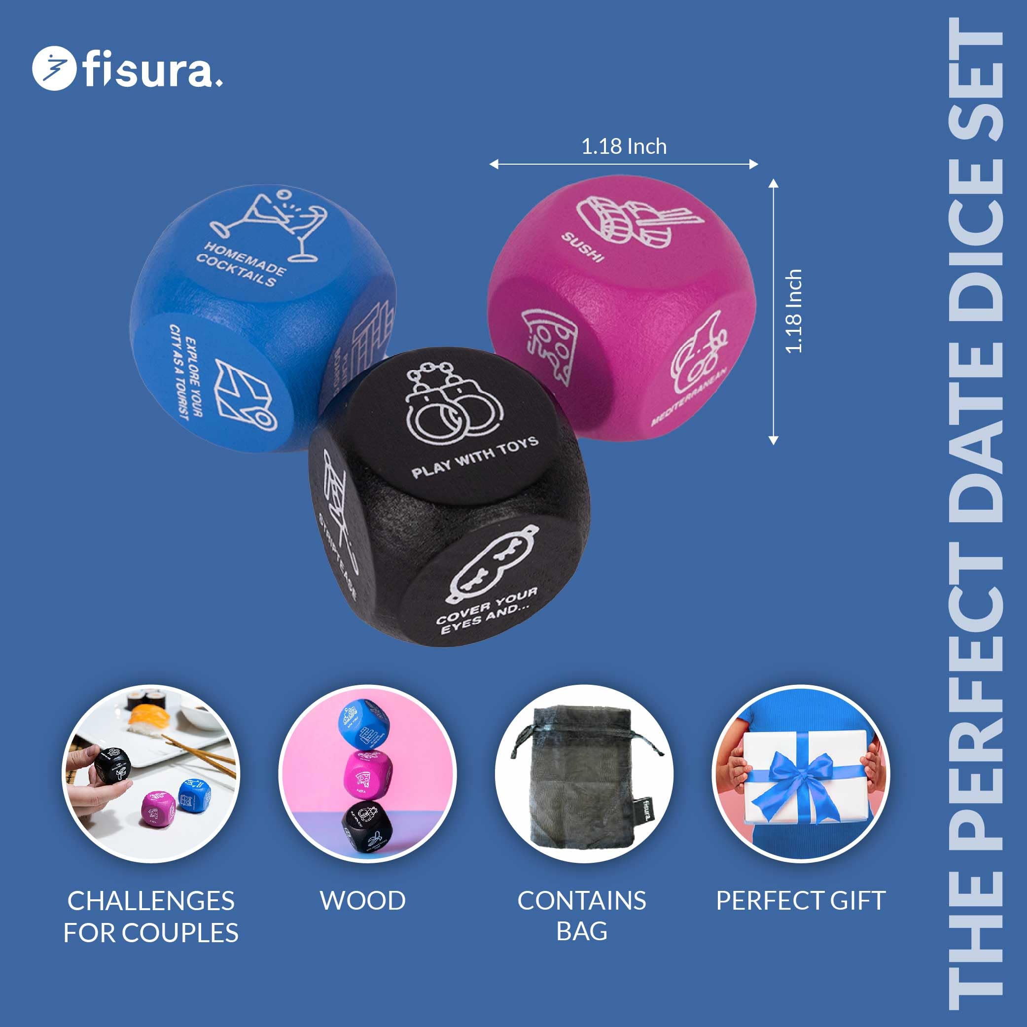 Fisura - Dice set for couples games 3 Wooden Dice for Romantic dates Date night ideas, Original couple gifts, bag included - Image 2