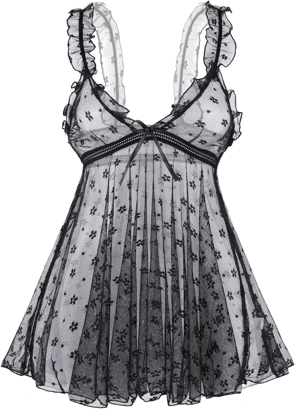 HOTSO Lace Babydoll Ruffle Lingerie for Women Sexy Mini Mesh Dress Chemise Nightgown Sheer See Through Wedding Nightie