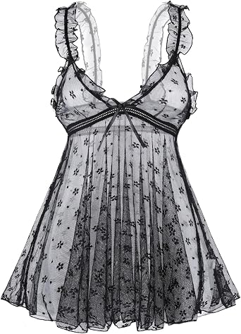 Lace Babydoll Ruffle Lingerie for Women Sexy Mini Mesh Dress Chemise