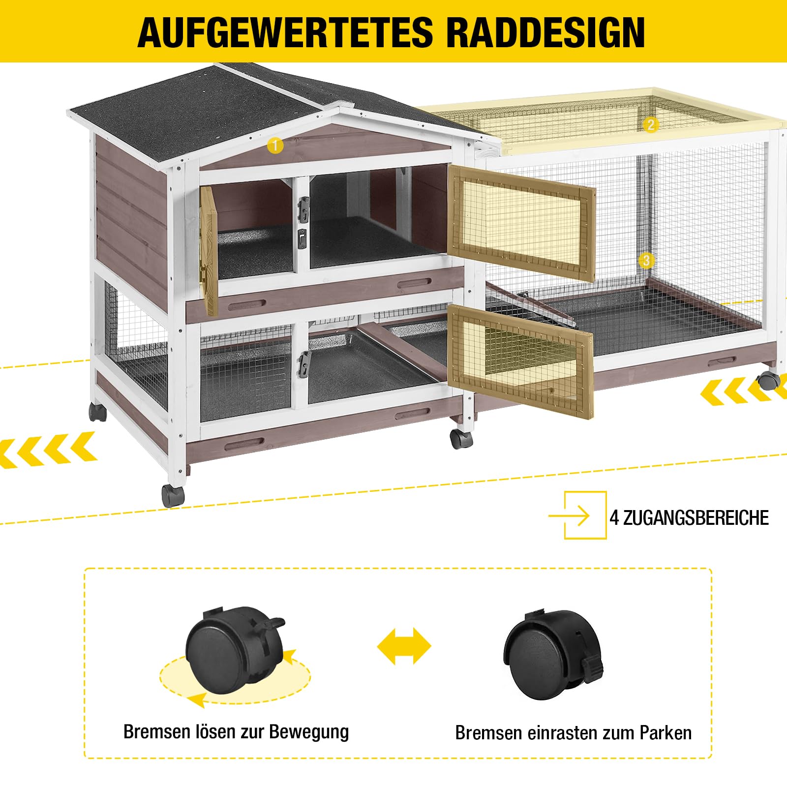 Aivituvin Hasenstall, Kaninchenstall für drinnen und draußen, Kaninchenkäfig auf Rädern, kleintierstall mit 3 tiefen, auslaufsicheren Ablagen, wasserdichtes Dach (Braun)