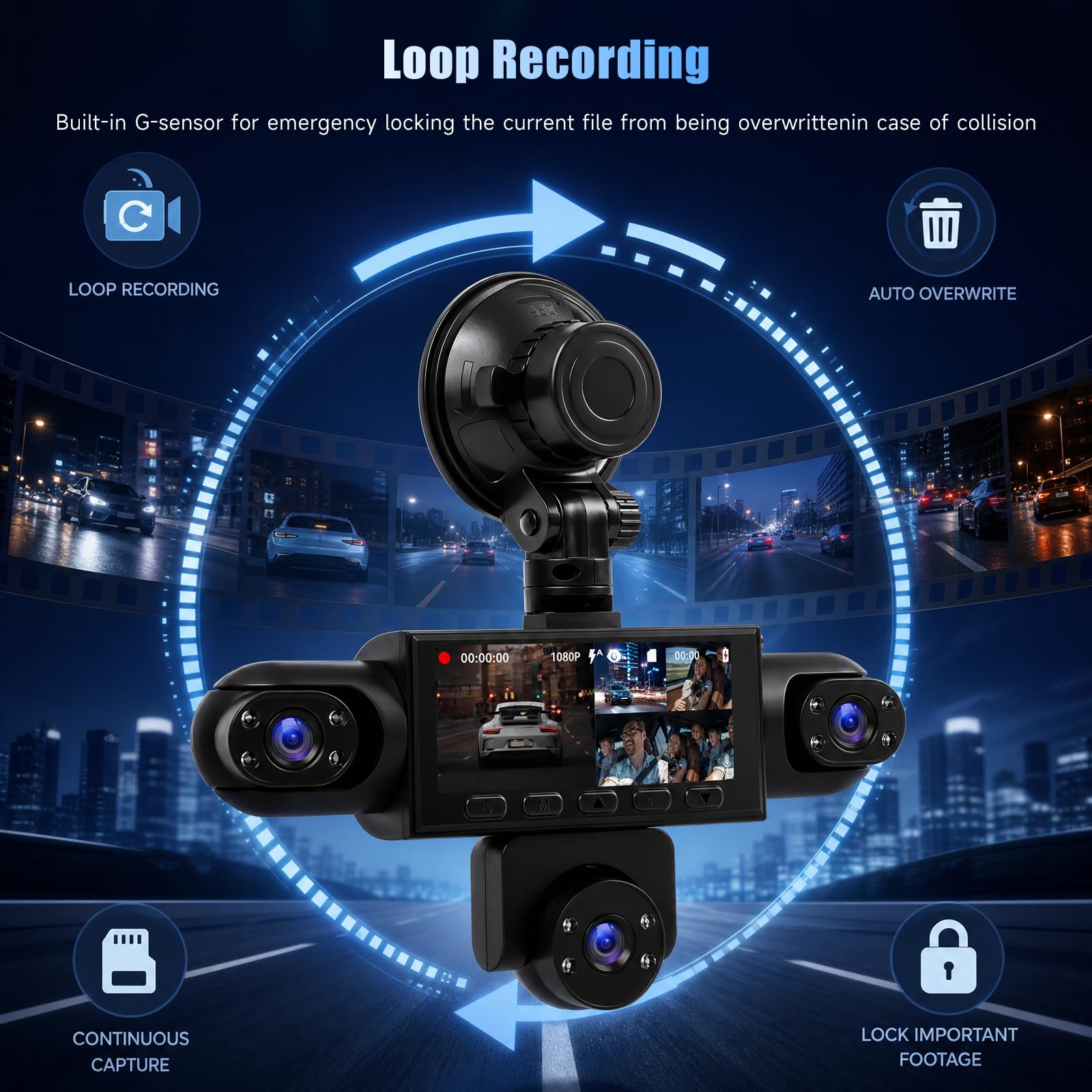 Inefala 5 Canaux Dashcam Voiture 1080P Dashcam Voiture Avant Arrière, IPS 3,2'' Écran Tactile Caméra Voiture avec Carte 64 Go Caméra de Bord avec Grand Angle Vision Nocturne Enregistrement en Boucle