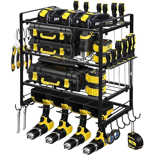 Power Tool Organizer,4 Layers Heavy Duty Metal Tool Organizers with 4 Drill Slots, Drill Holder Wall Mount, Utility Storage Rack for Cordless Drill, Suitable for Garage, Workshop and Warehouse