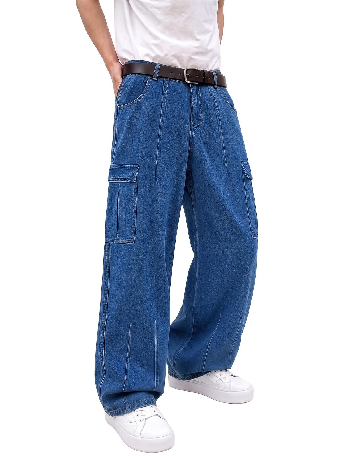 EMMIOL 203 Cargo Baggy Jeans for Men, Pants Wide Leg, Relaxed Loose Fit Denim Y2K Straight Leg Streetwear Vintage,S
