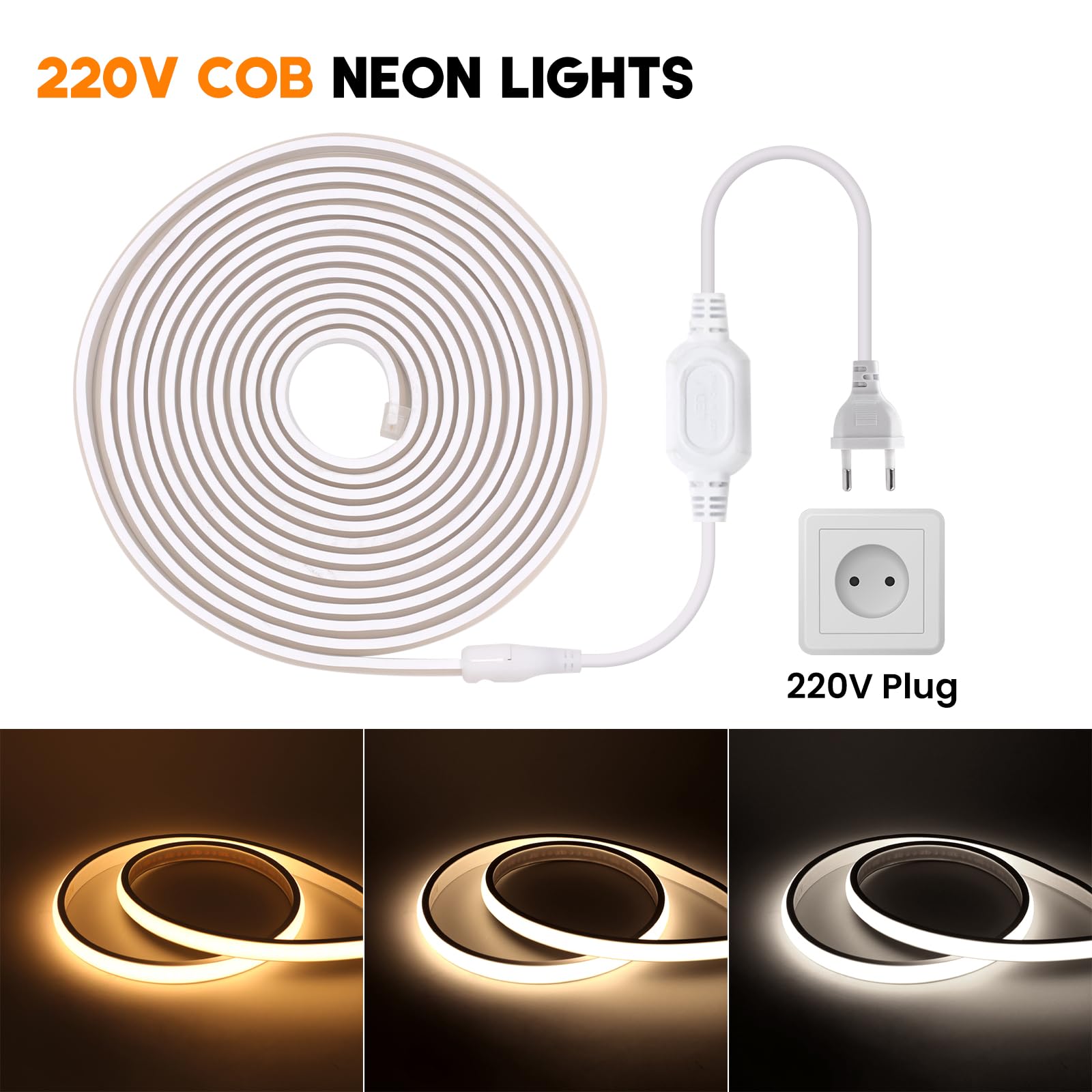 220V COB Tira LED [20M,Blanco 6000-6500K]，288 LEDs/m Cortable Silicona FCOB LED Neón CRI85+,IP65 Estanco Flexible,Navidad,Fiesta,Boda,Halloween Hogar/Tienda Decoración Iluminación