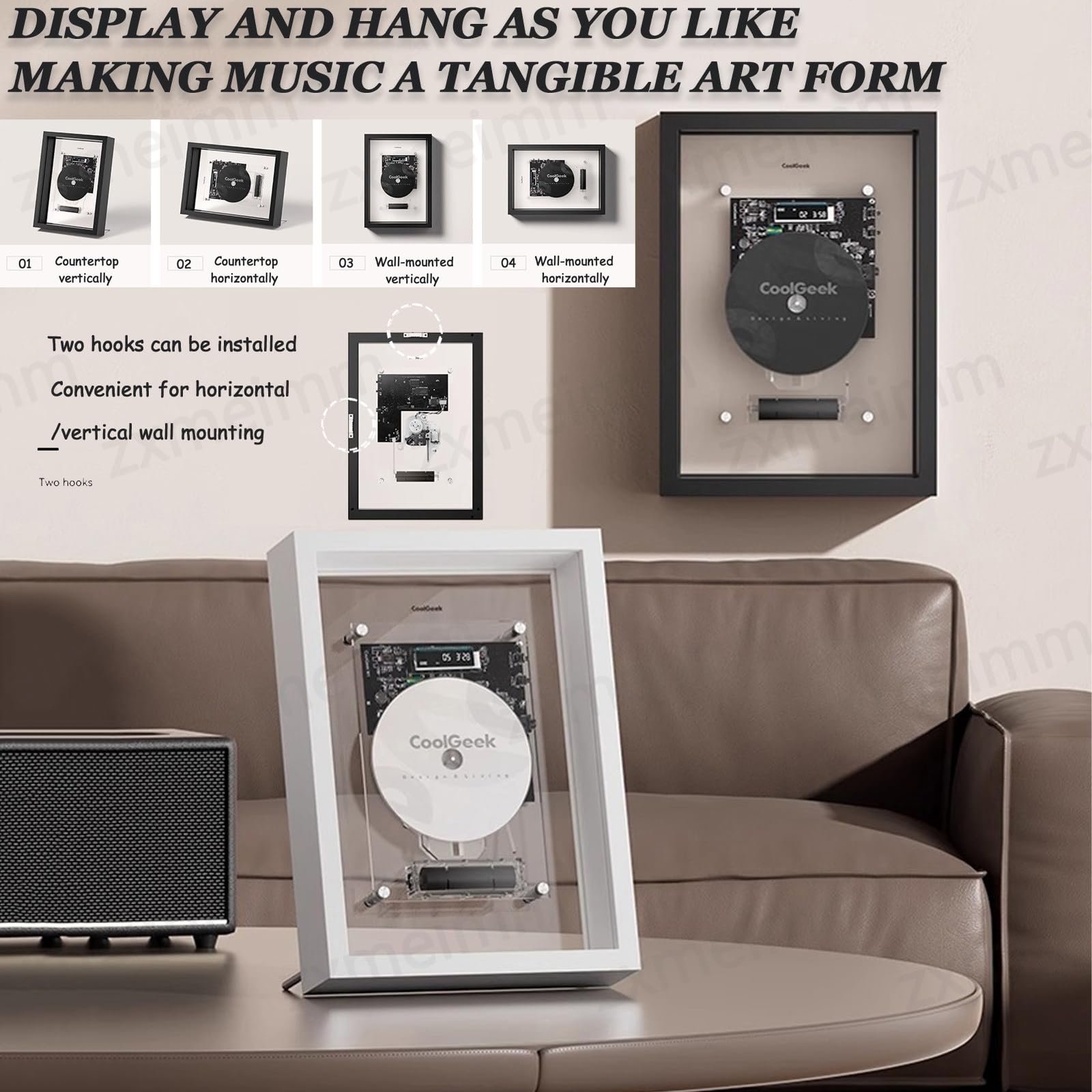 Lettore CD con Cornice Musicale retrò,Uscita Bluetooth/AUX per Altoparlanti Wireless,Decorazione da Parete e Doppio utilizzo da Tavolo,Telecomando Incluso,CD Non Incluso Black