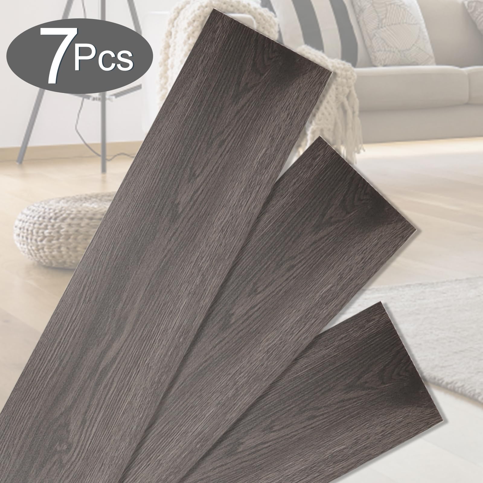 Eulenke PVC Bodenbelag Selbstklebend Vinylboden ca.0.99 m², Rutschfeste Dekor, Selbstklebende Dielen für Fußbodenheizung, Wasserfest Schwer Entflammbar Holzoptik(7 Fliesen, Eiche Nacht)