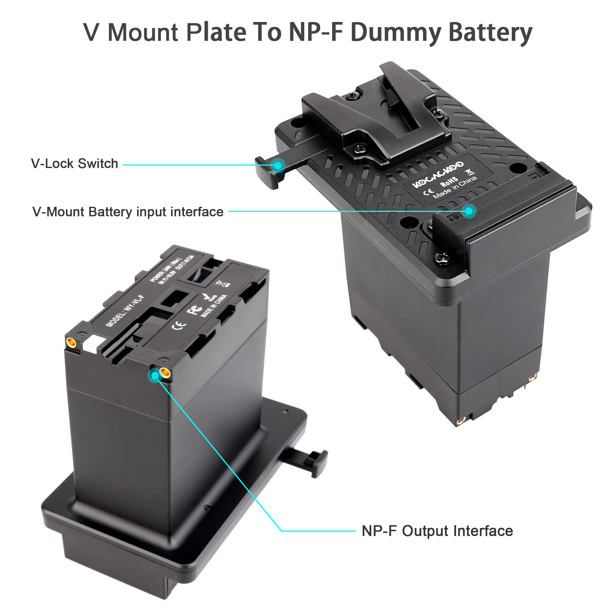 Batterie entièrement décodée V-Mount vers plaque adaptateur de conversion de batterie factice série NP-F. Utilisé pour fournir une alimentation plus longue pour les caméscopes Sony série