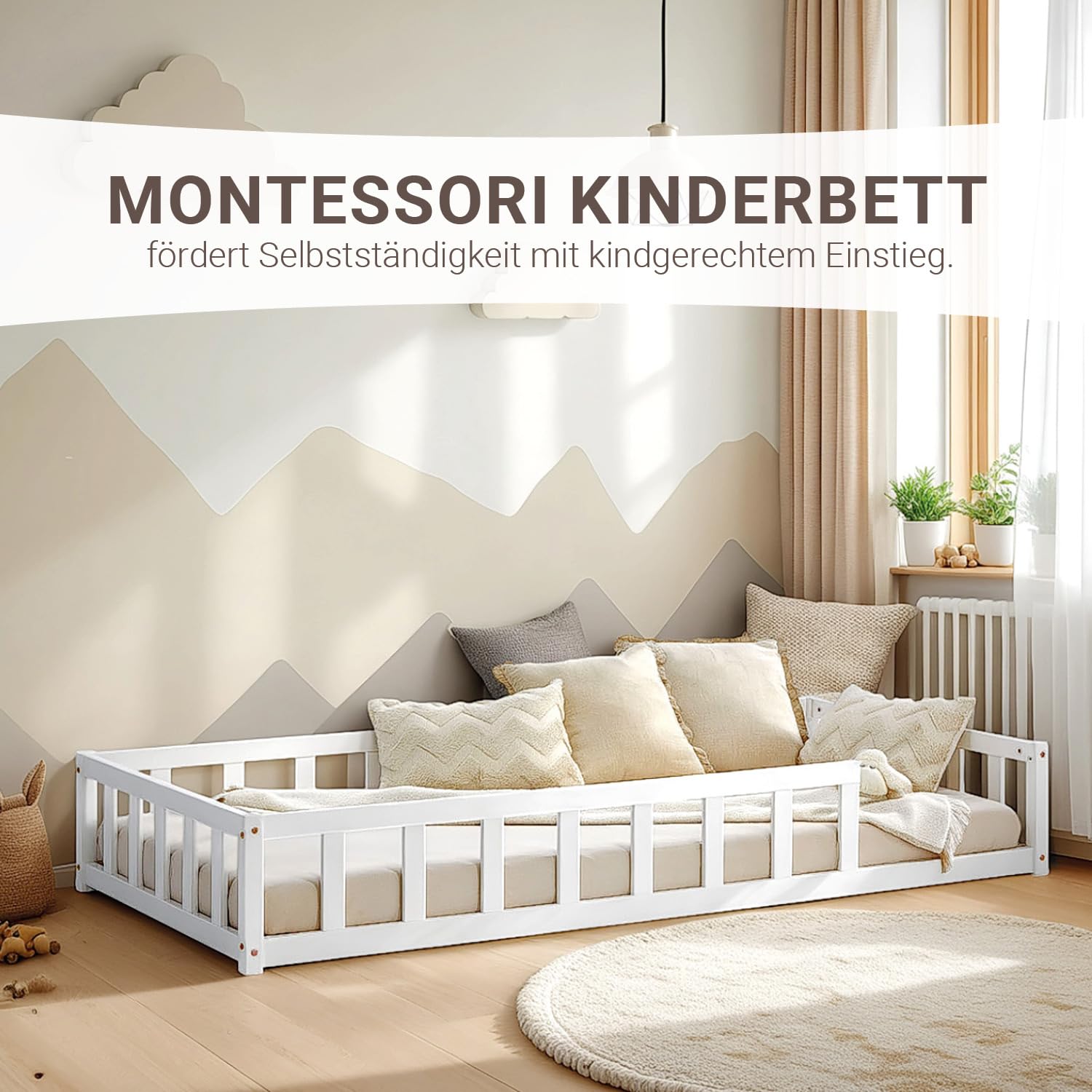 Homestyle4u Bodenbett 90x200 Kinderbett mit Rausfallschutz Weiß | Montessori Kleinkindbett aus massivem Kiefernholz Lattenrost inklusive, Matratze nicht enthalten