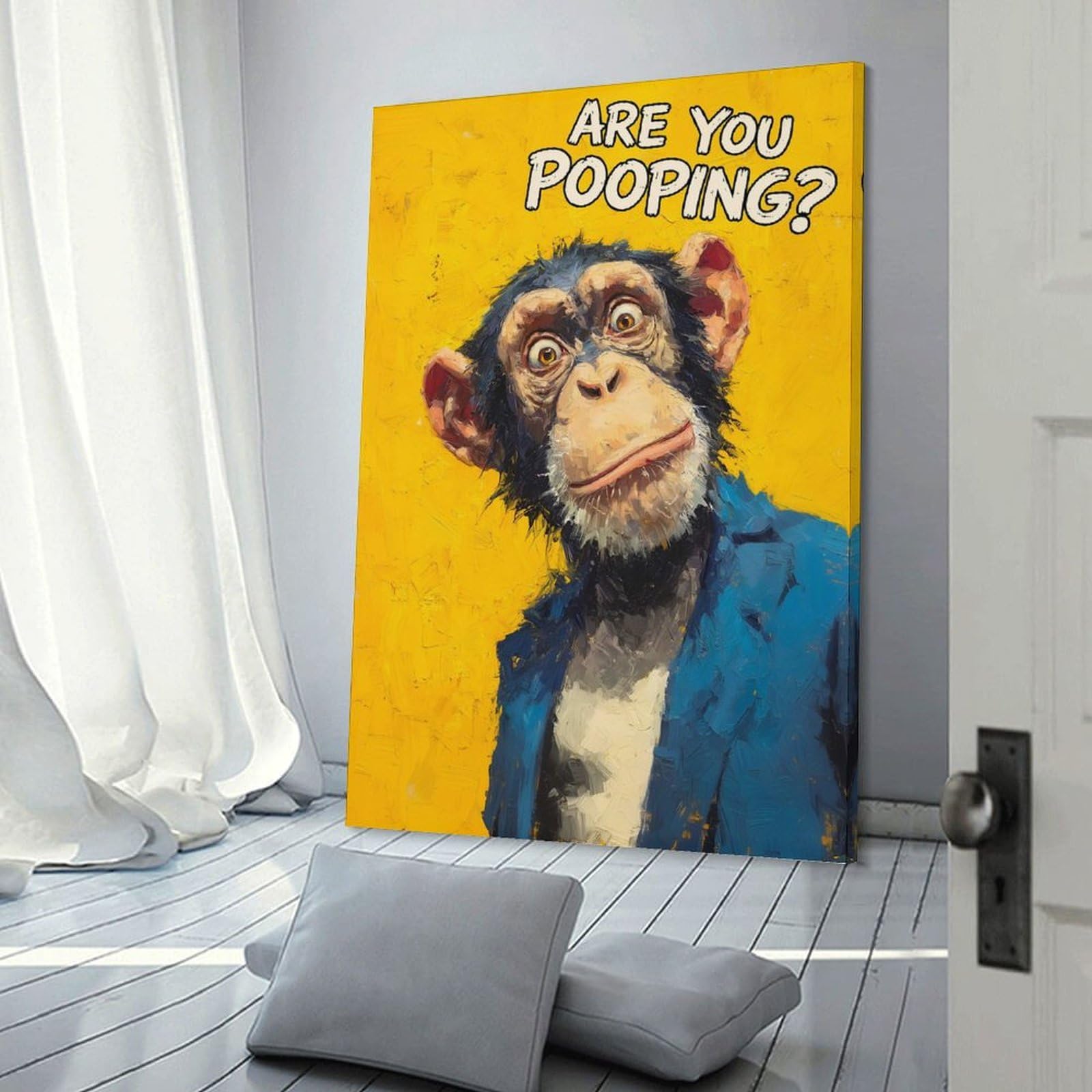Junmoney Chimpanzee in A Suit Asking A Question Canvas Wall Decor, 16x24inch(40x60cm), for Art Walls, Layered Displays Or Homes, Home Wall Art for Statement Displays