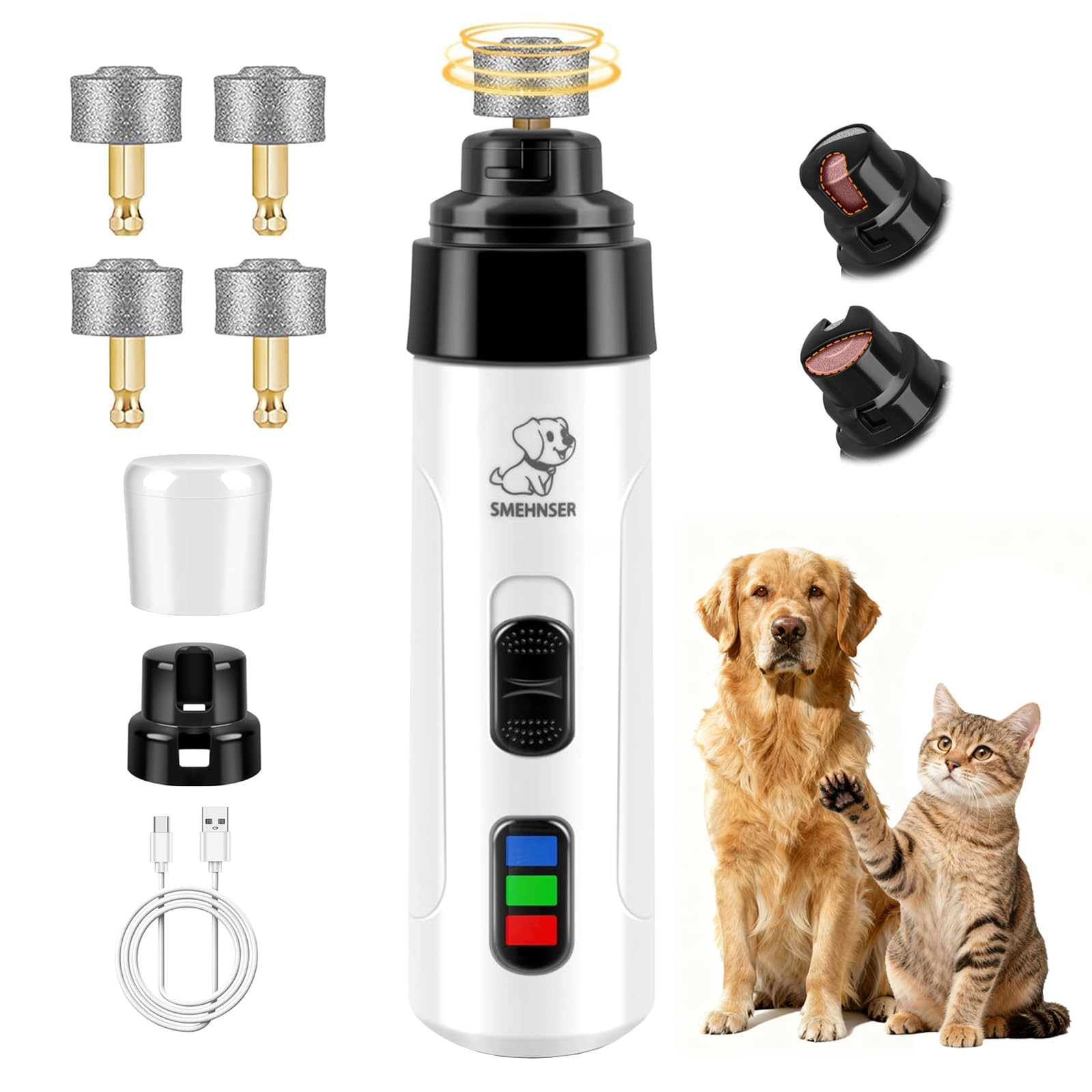 Silent Dog Nail Grinder, Electric Dog Nail Trimmer, USB Rechargeable Pet Nail Grinder, Painless Paws Grooming for Small Medium Large Dogs & Cats with 4 Grinding Heads