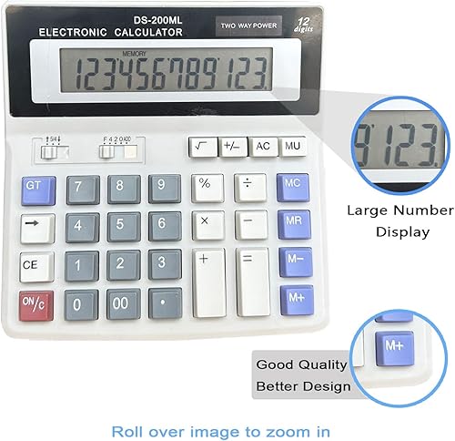 Miniatura 4 de Calculadora de escritorio grande de 12 dígitos, calculadora básica de doble potencia, botón grande para oficina, negocios, hogar y escuela (gris).