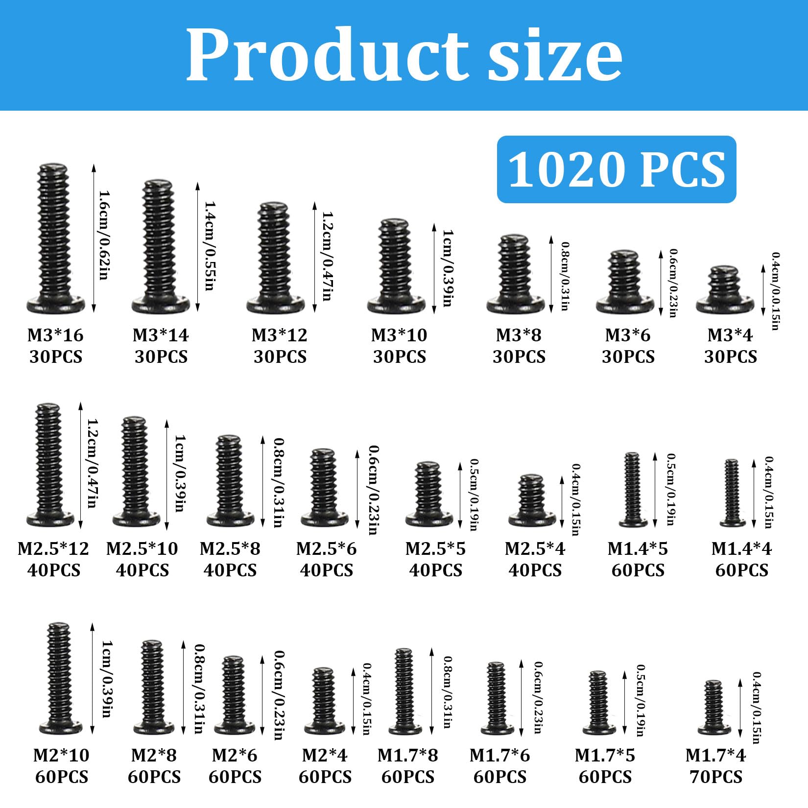 Set 1020 Pezzi Viti M1.4 M1.7 M2 M2.5 M3 Testa Svasata Croce Piatta per Riparazione Telefono