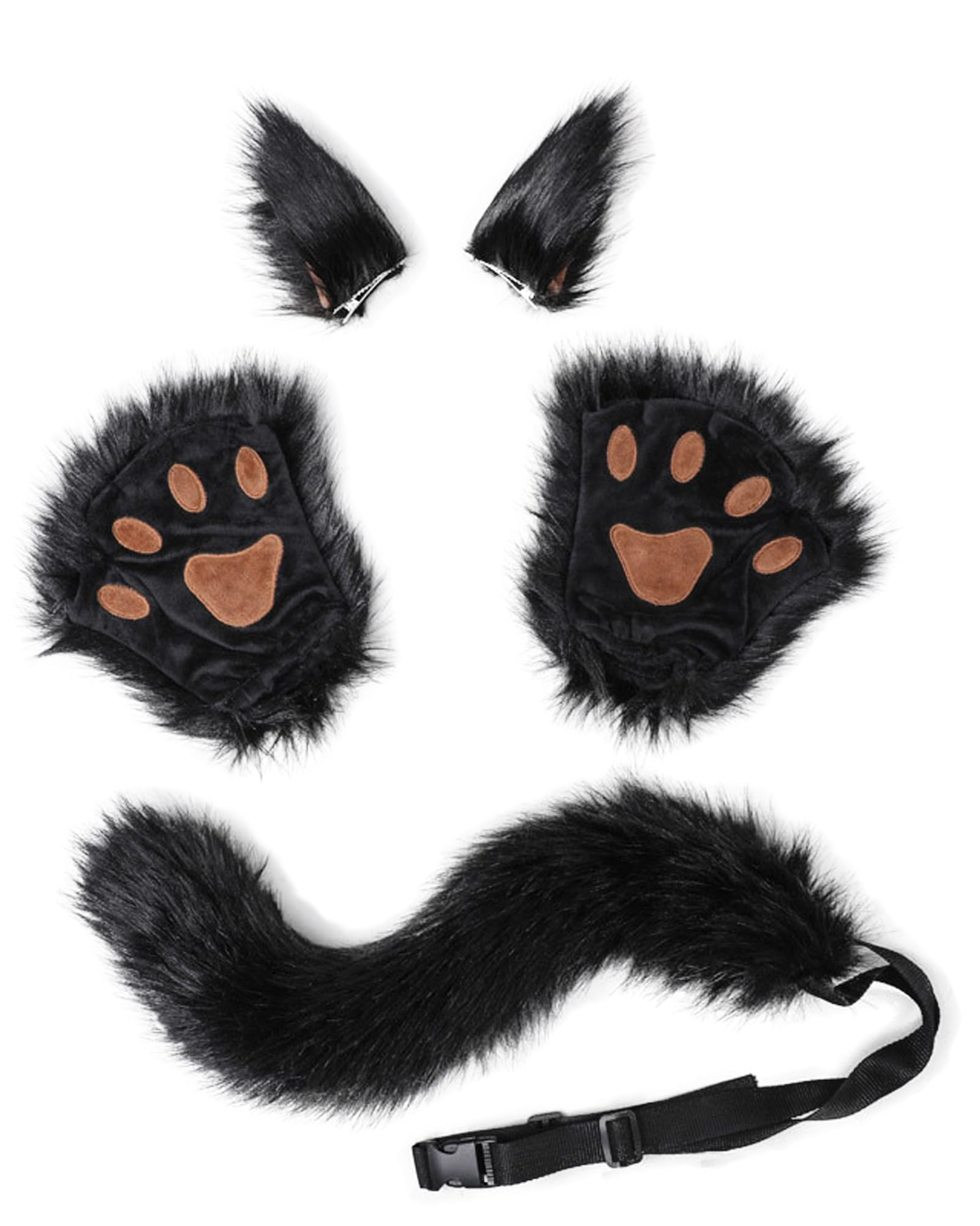 NICEYEA Faux Fur Animal Ears Tail Paw Glove Set - Fluffy Cat Fox Wolf Tail Ears Hair Clip Claw Gloves Halloween Cosplay Fancy Dress Accessory