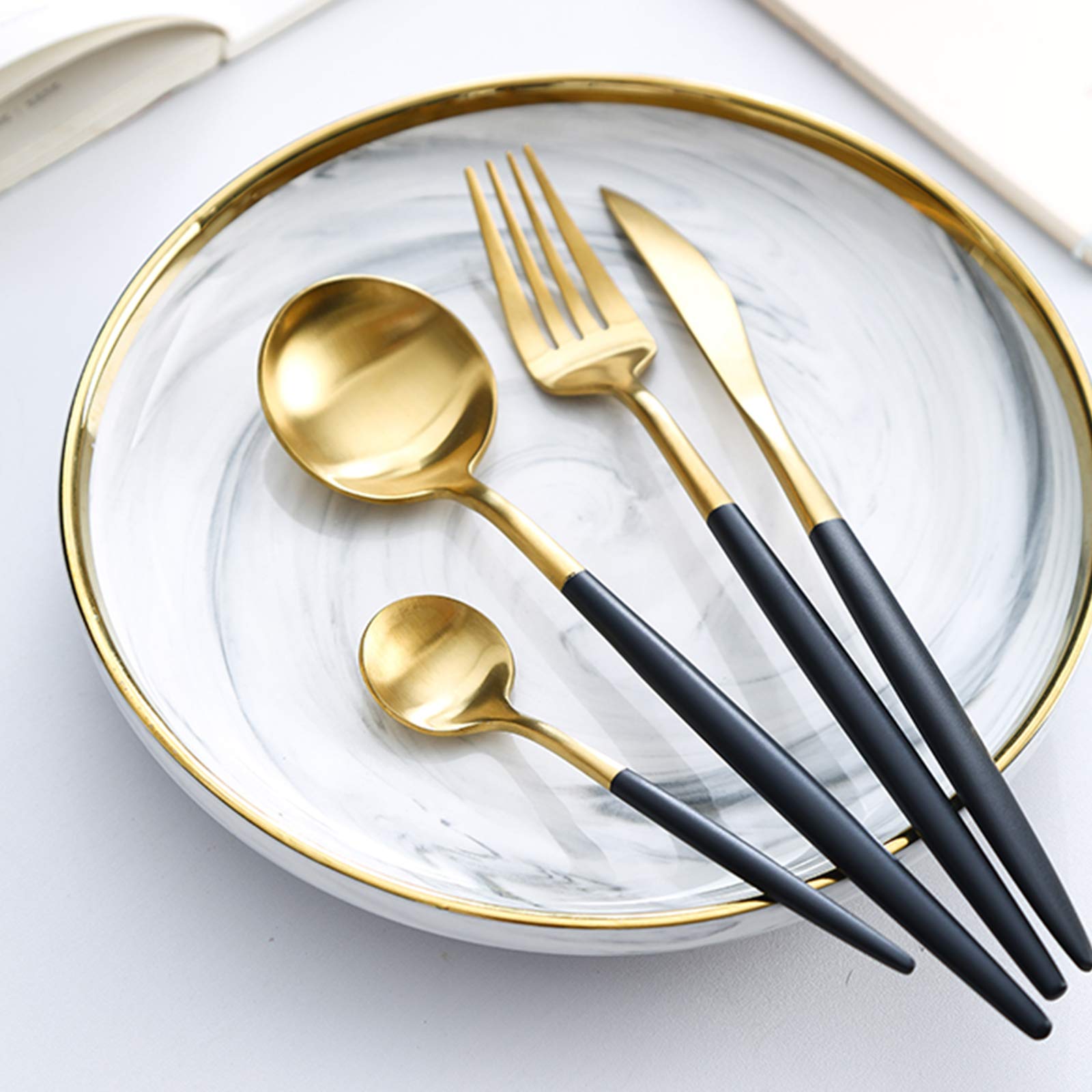 rismart Edelstahl 24 Teile Besteck Set Silberbesteck mit Messer, Kaffee Suppe Teelöffel, Gabeln Gold Schwarz