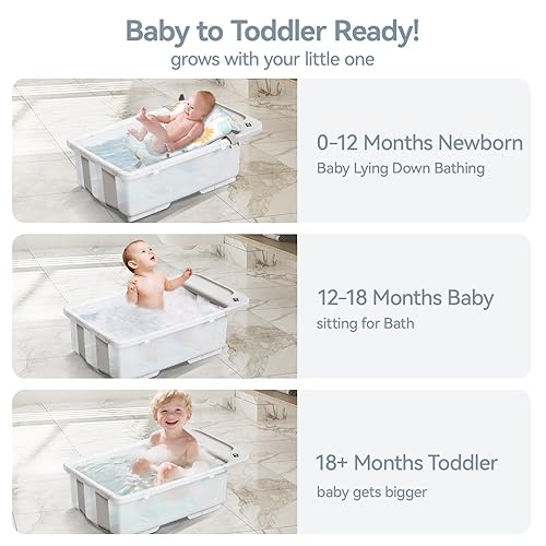 Miniatura 5 de Bañera plegable para bebé, bañera de gran capacidad con termómetro y cojín suave, bañera portátil para recién nacidos, bañera plegable para bebés de
