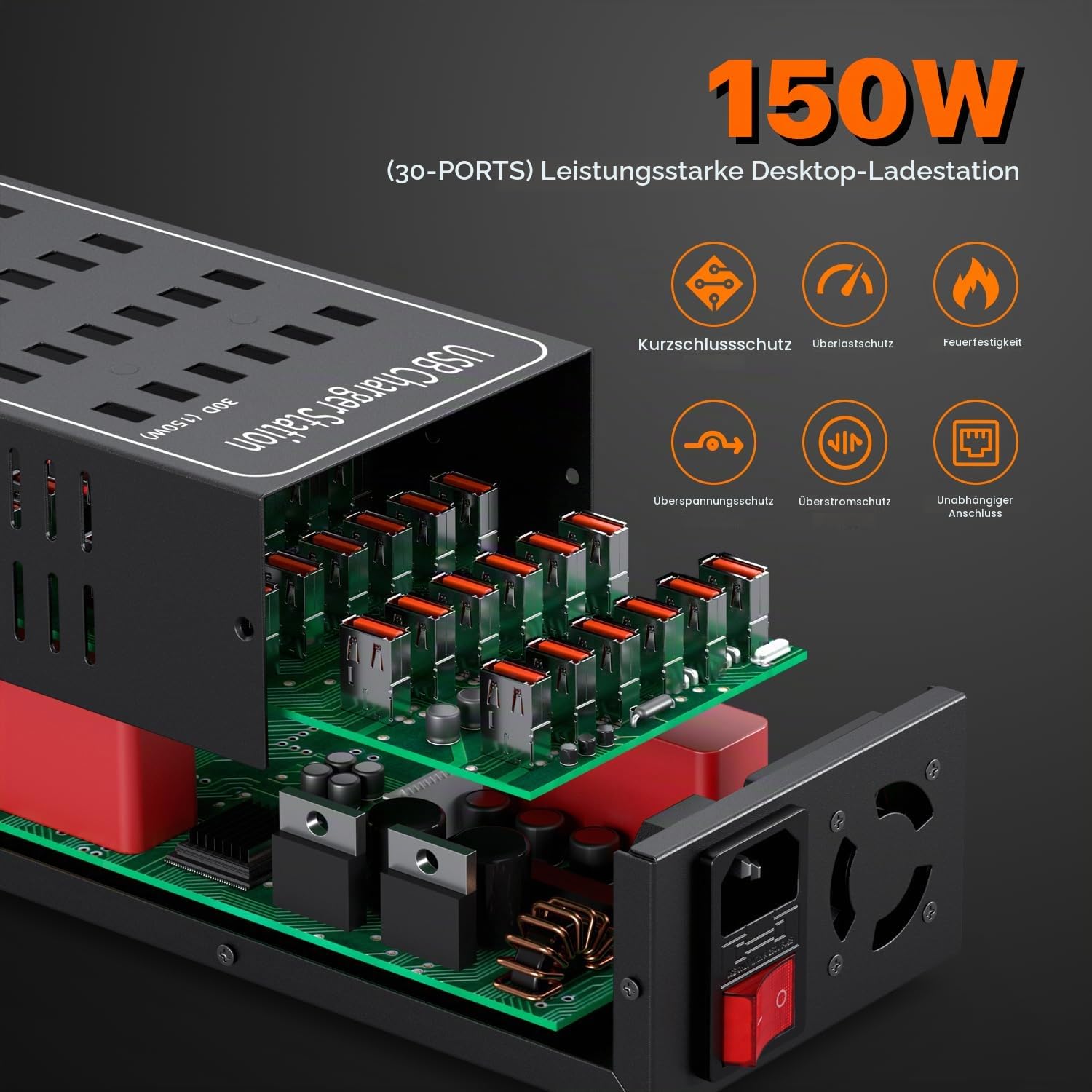 USB Ladegeräte mehrfach, 30 Ports 150W/30A Desktop Ladestation Power Adapter, USB-A Ladegerät Hub Wandladegerät, Mehr-Port Netzteil Stecker, kompatibel mit iPhone/Samsung/Google/Tablet, etc.