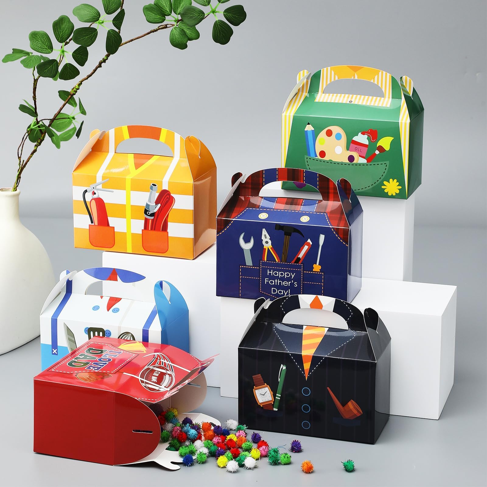 48 Vatertags-Geschenkboxen – Papier-Giftboxen 15x15x8 Cm Mit Griff, 6 Berufe-Designs Für Süßigkeiten