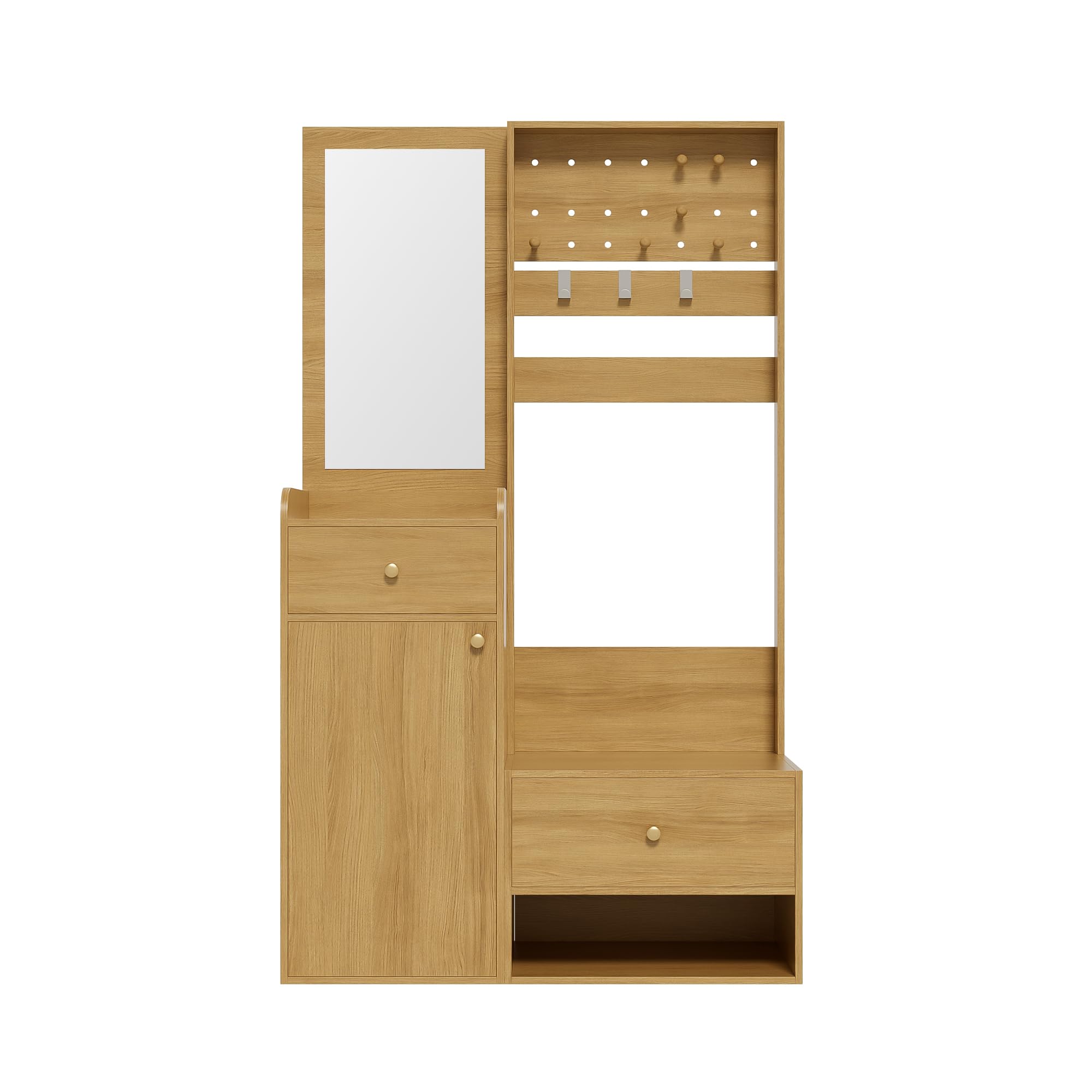Perchero compacto de 105 cm, moderno y multifuncional, estantería de entrada elegante de color madera con espejo, ganchos ajustables y espaciosos estantes para zapatos