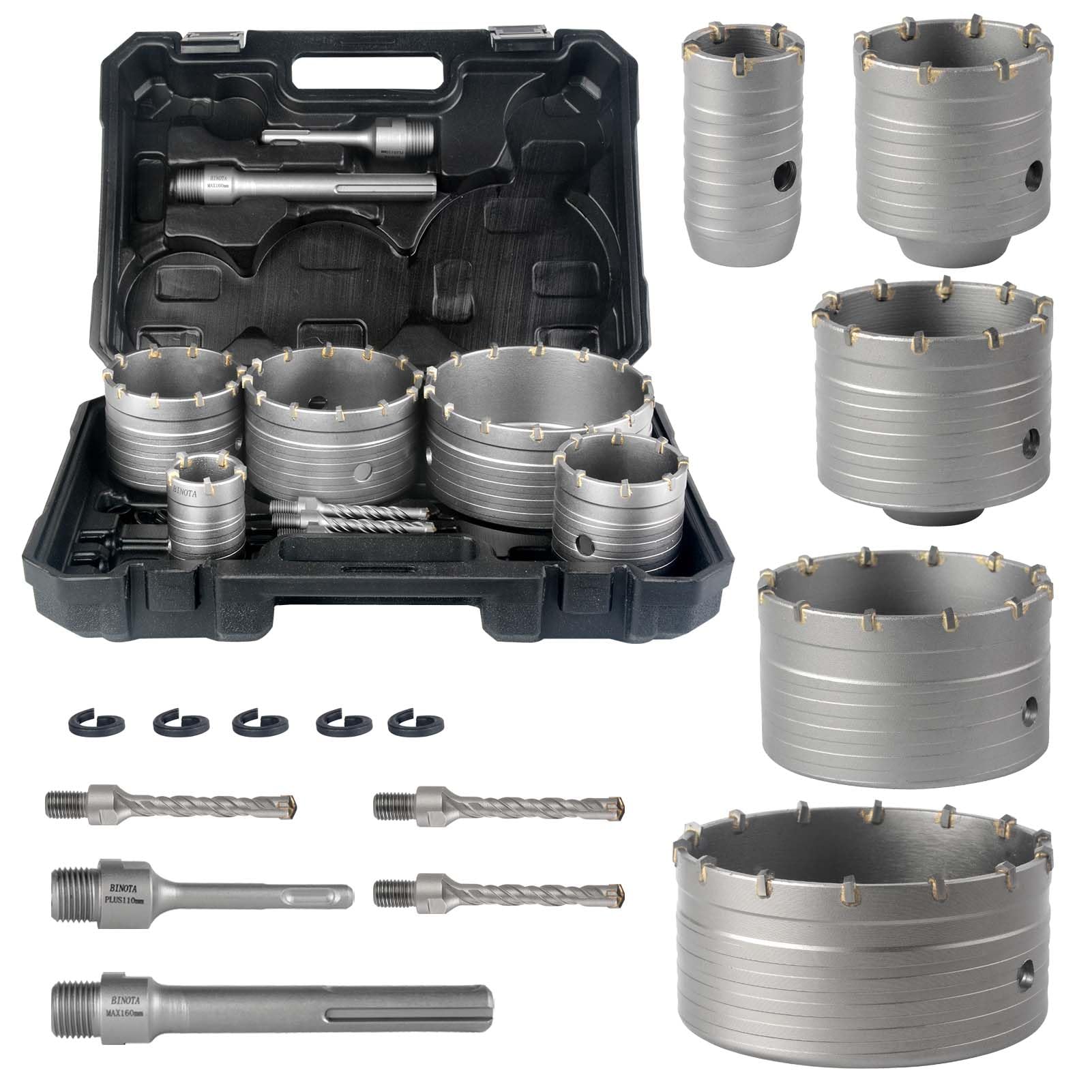 BINOTA Concrete Hole Saw Kit, Circular Drill Bits, Hole Saw, Concrete, Cement, Brick Wall, Stone Masonry, 40, 65, 80, 100 and 125 mm