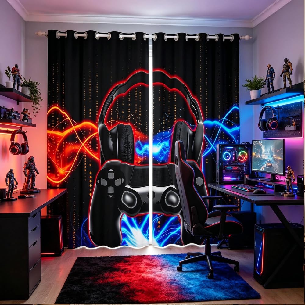 Loussiesd Video Game Gamepad Window Curtains for Bedroom Living Room Boys Teens Gamer Headset Curtains Black Gaming Controller Window Drapes Game Geometric Design Window Treatments,W46*L72