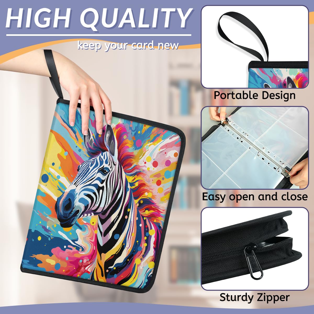 Raccoglitore per carte collezionabili con 4 tasche colorate zebrate, raccoglitore per carte artistiche, pittura con animali, con maniche rimovibili, impermeabile, con cerniera, 50 pagine, capacità 400
