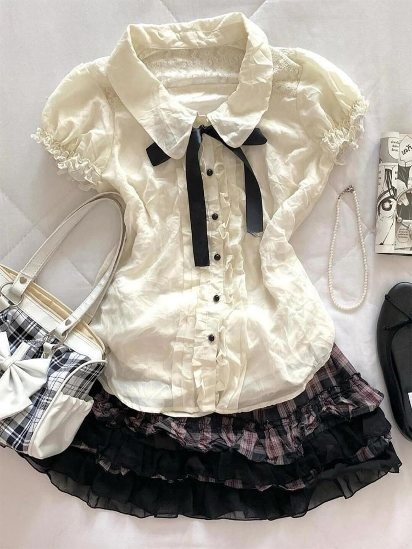Lolita Shirts Kawaii Cute Clothes Blouse Lace Short Jirai Kei Fashion Puff Sleeve Shirt Ruffle Top with Bow Cutecore: Medium White