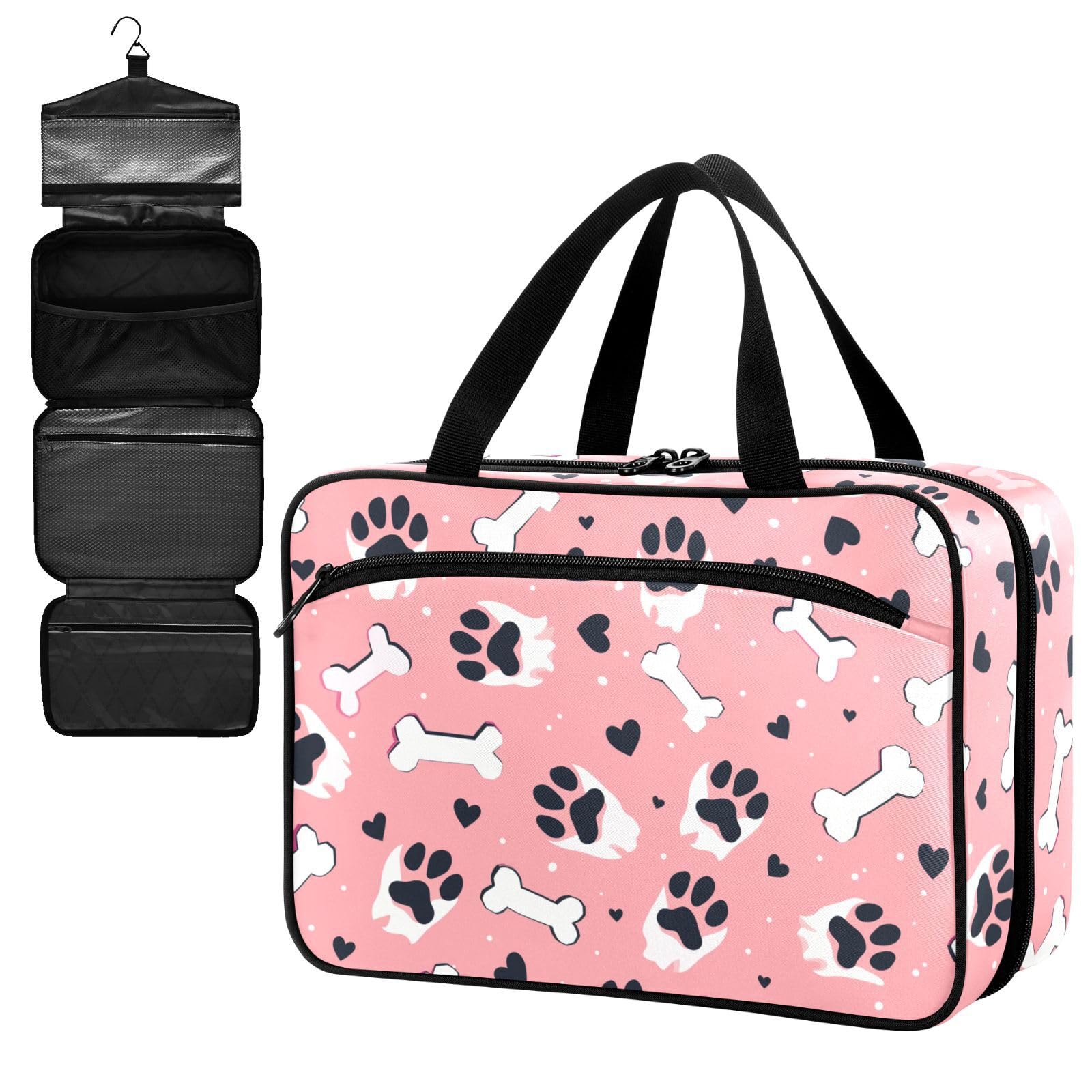 Fustylead Black Dog Paw Prints and Hearts Bones Large Medical Storage Bag with Zipper Empty First Aid Bag Trauma Kit for Traveling Hiking Camping Backpacking