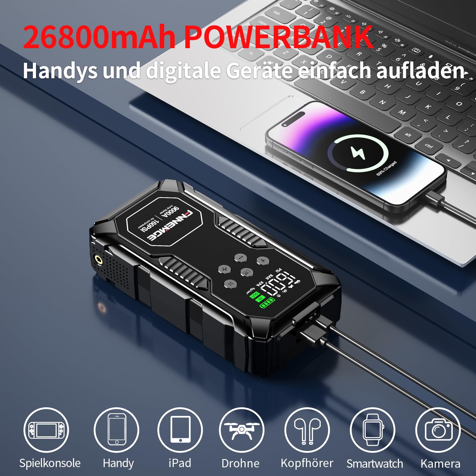 FNNEMGE Starthilfe Powerbank 26800mAh 9000A Spitzenleistung, mit 160PSI Kompressor, 12V(Alle Benzin und 12,0L Diesel) Auto Upgrade Booster, mit USB-Ladeausgang, LED-Leuchten, LCD Bildschirm.
