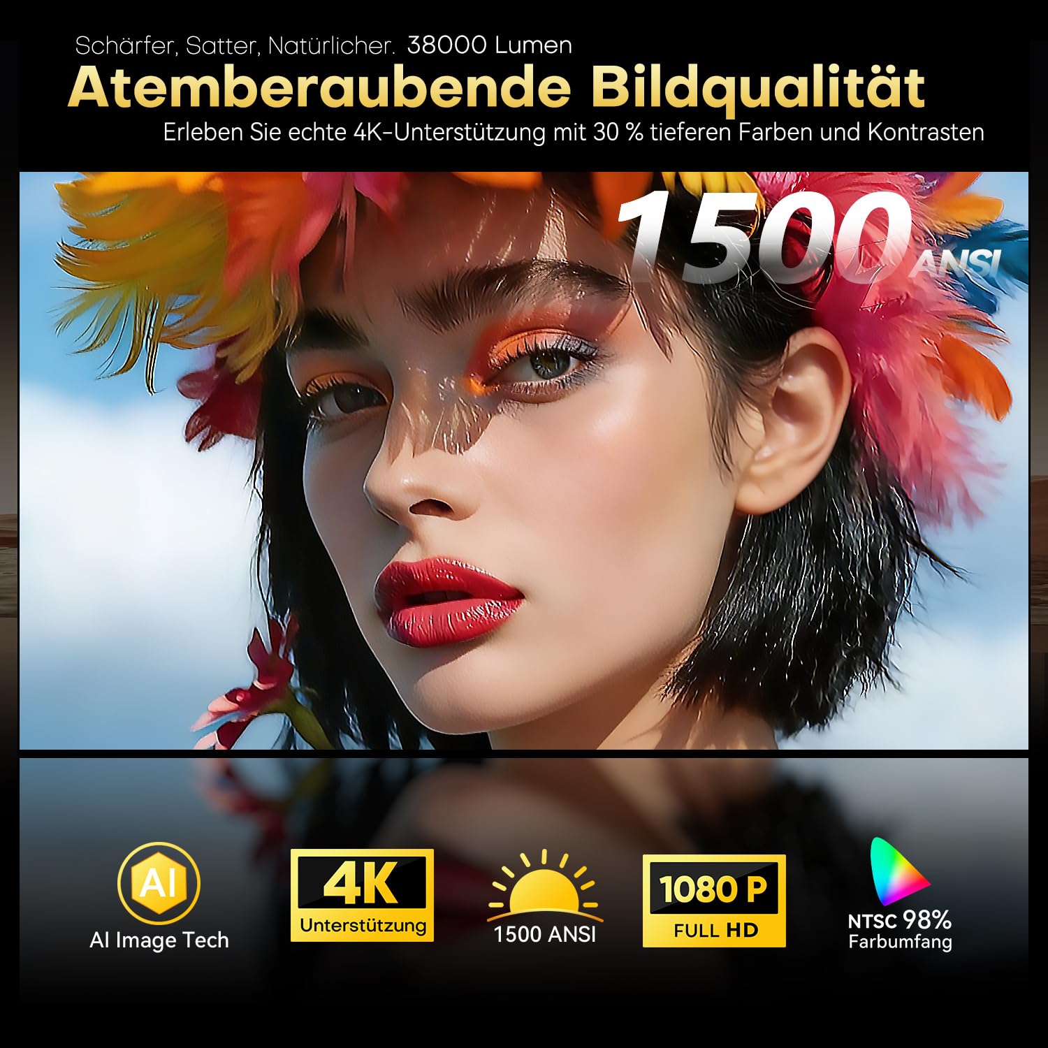 XIWBSY Beamer 4k 1500 ANSI Autofokus 360° Drehung Google TV Sprachsteuerung WiFi 6 Bluetooth 5 38000 Lumen Heimkino Outdoor Netflix