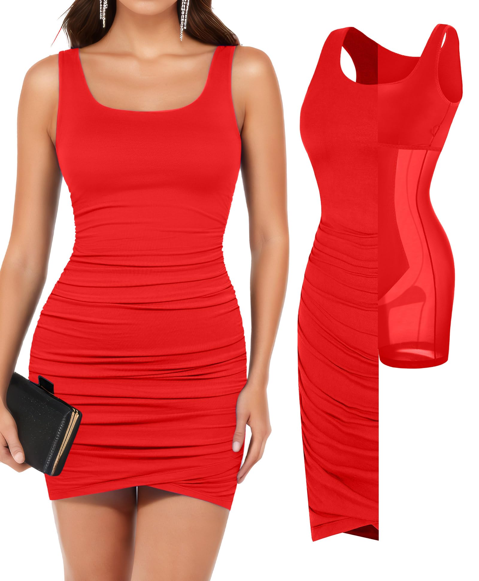 Popilush Mini Dresses for Women U-Neck Shapewear Tummy Control Bodycon Ruched Dress Party Club Date Night Going Out: Medium Red