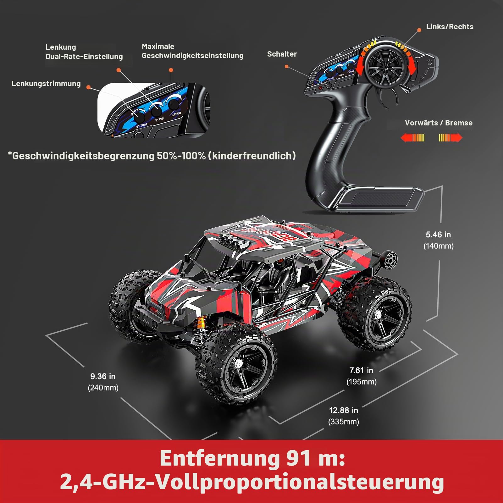 Ferngesteuertes Auto Erwachsene 1:14 Brushless RC Auto RC Car Truck 52 km/h | 4WD All-Terrain Offroad ölgefüllten Stoßdämpfern 2x 2S 1500mAh LiPo Akku, RTR mit 2 Reifensätzen, Aufrüstbar auf 3S 70 km/h